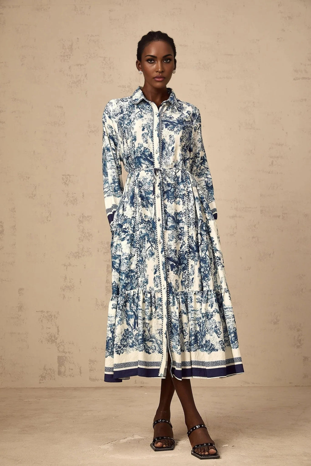 Artemide Midi Dress Blue & White Graphic Print Tie - Waist Pleats