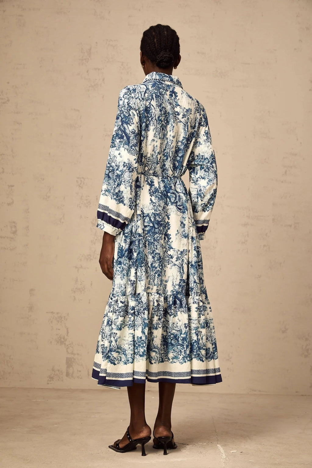 Artemide Midi Dress Blue & White Graphic Print Tie - Waist Pleats