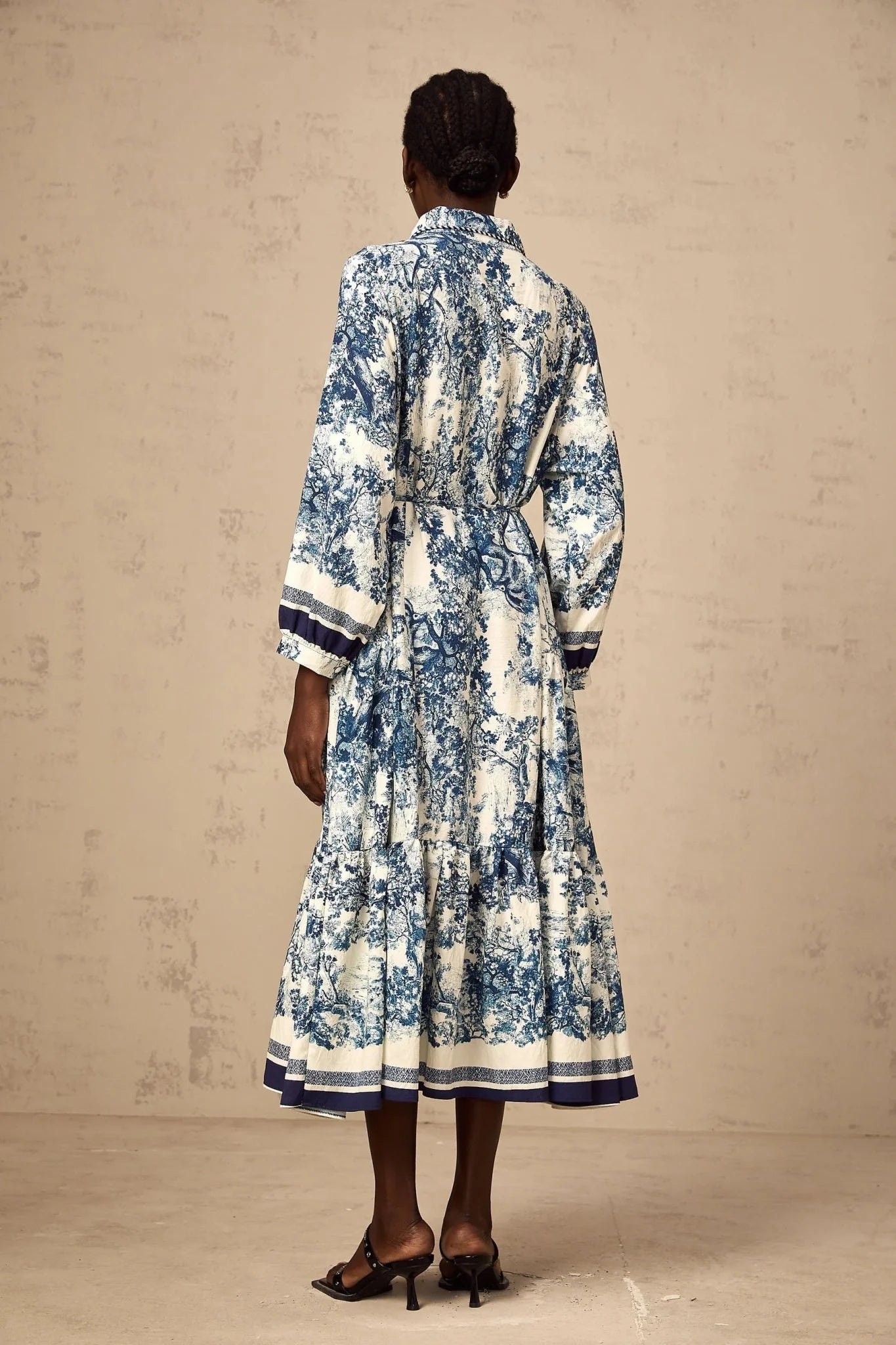 Artemide Midi Dress Blue & White Graphic Print Tie - Waist Pleats