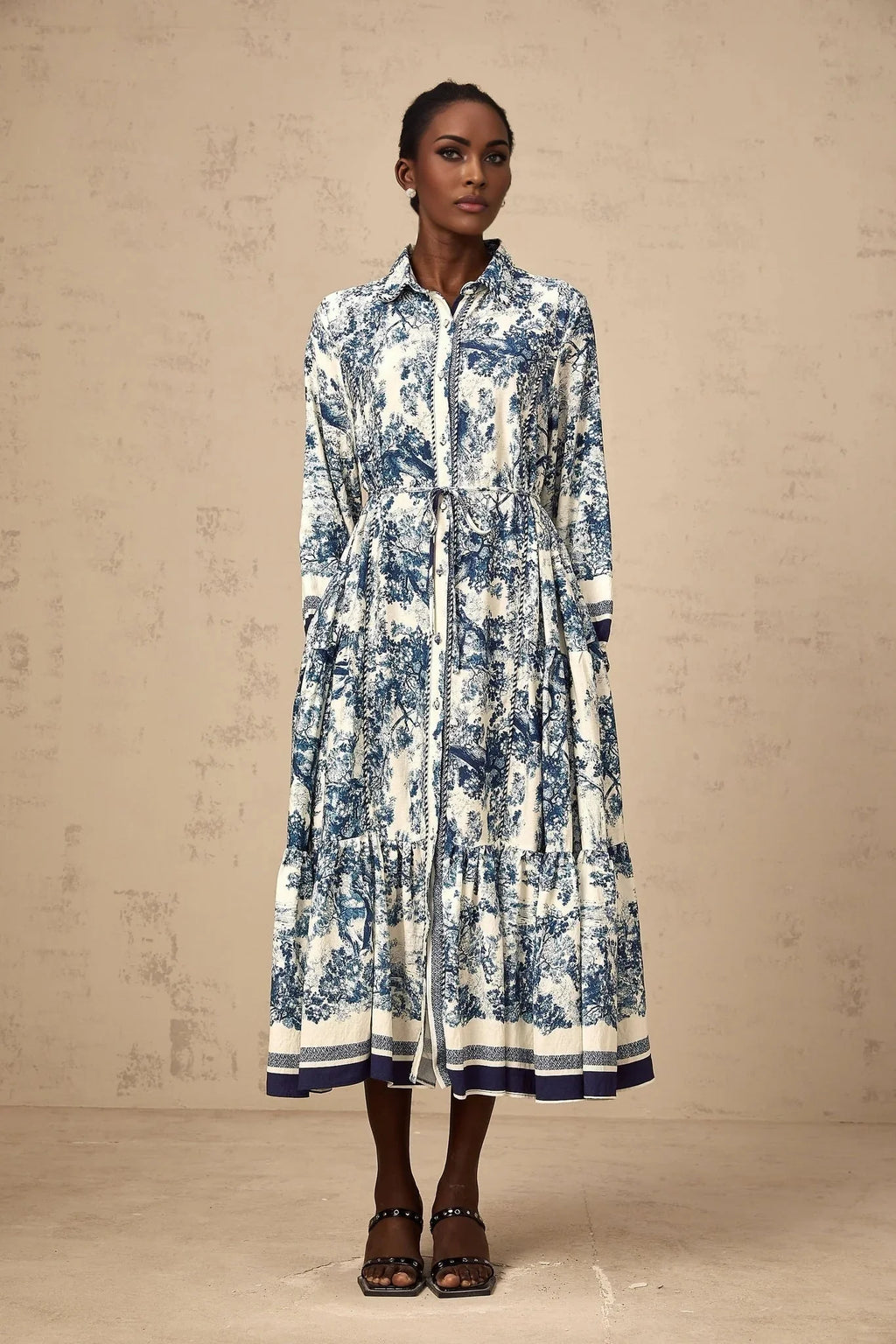 Artemide Midi Dress Blue & White Graphic Print Tie - Waist Pleats