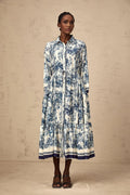 Artemide Midi Dress Blue & White Graphic Print Tie - Waist Pleats