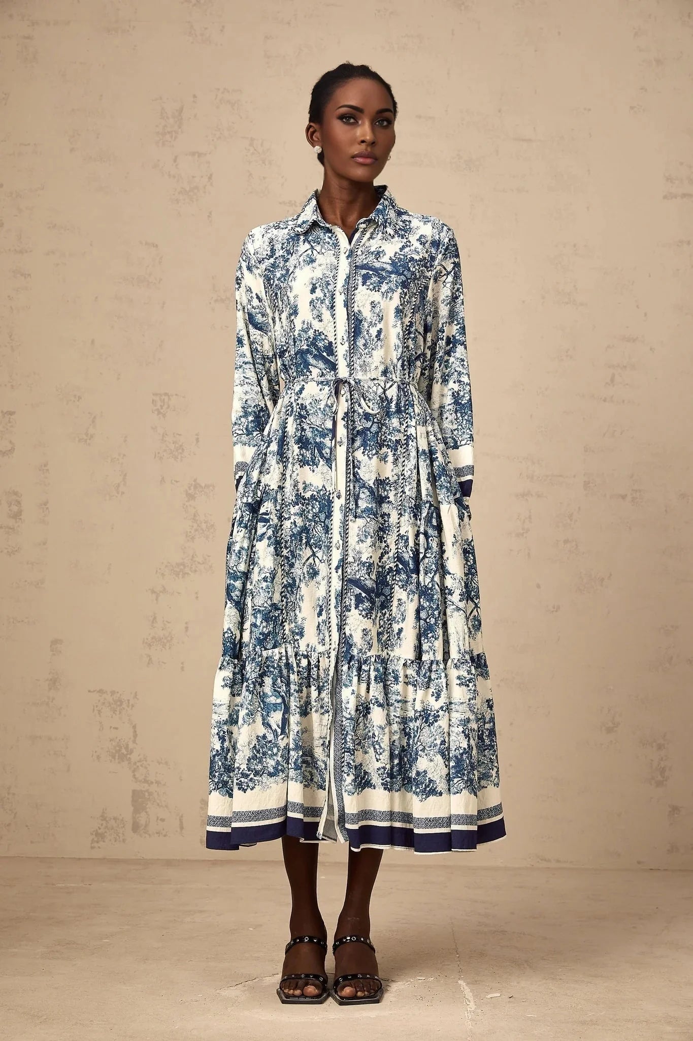 Artemide Midi Dress Blue & White Graphic Print Tie - Waist Pleats