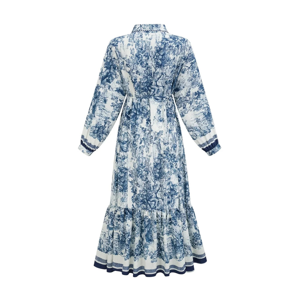 Artemide Midi Dress Blue & White Graphic Print Tie - Waist Pleats
