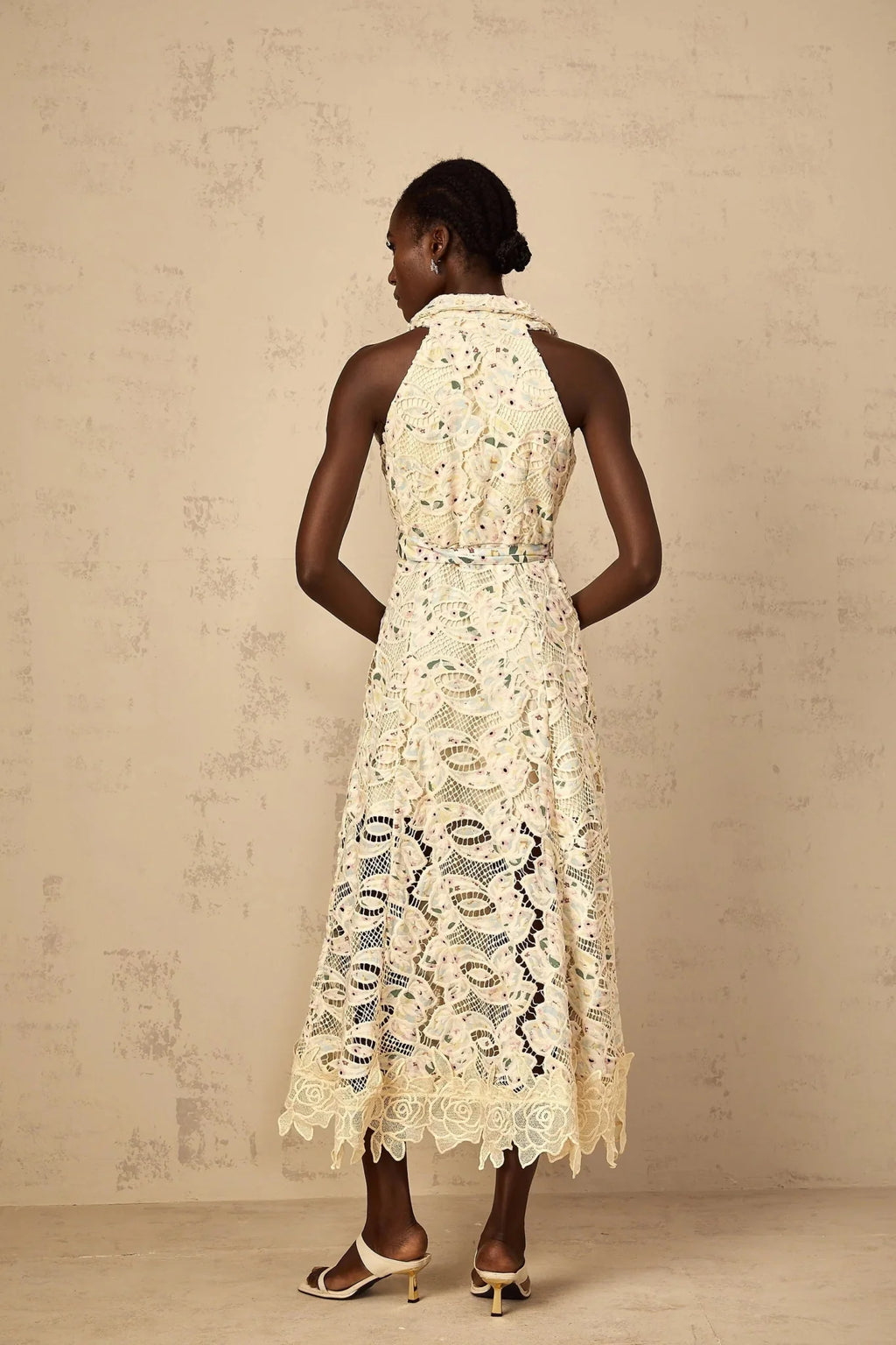 Artemide Midi Dress Floral Embroidered Cut - Out & Belted Waist