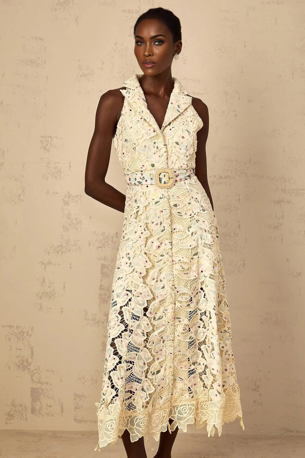 Artemide Midi Dress Floral Embroidered Cut - Out & Belted Waist