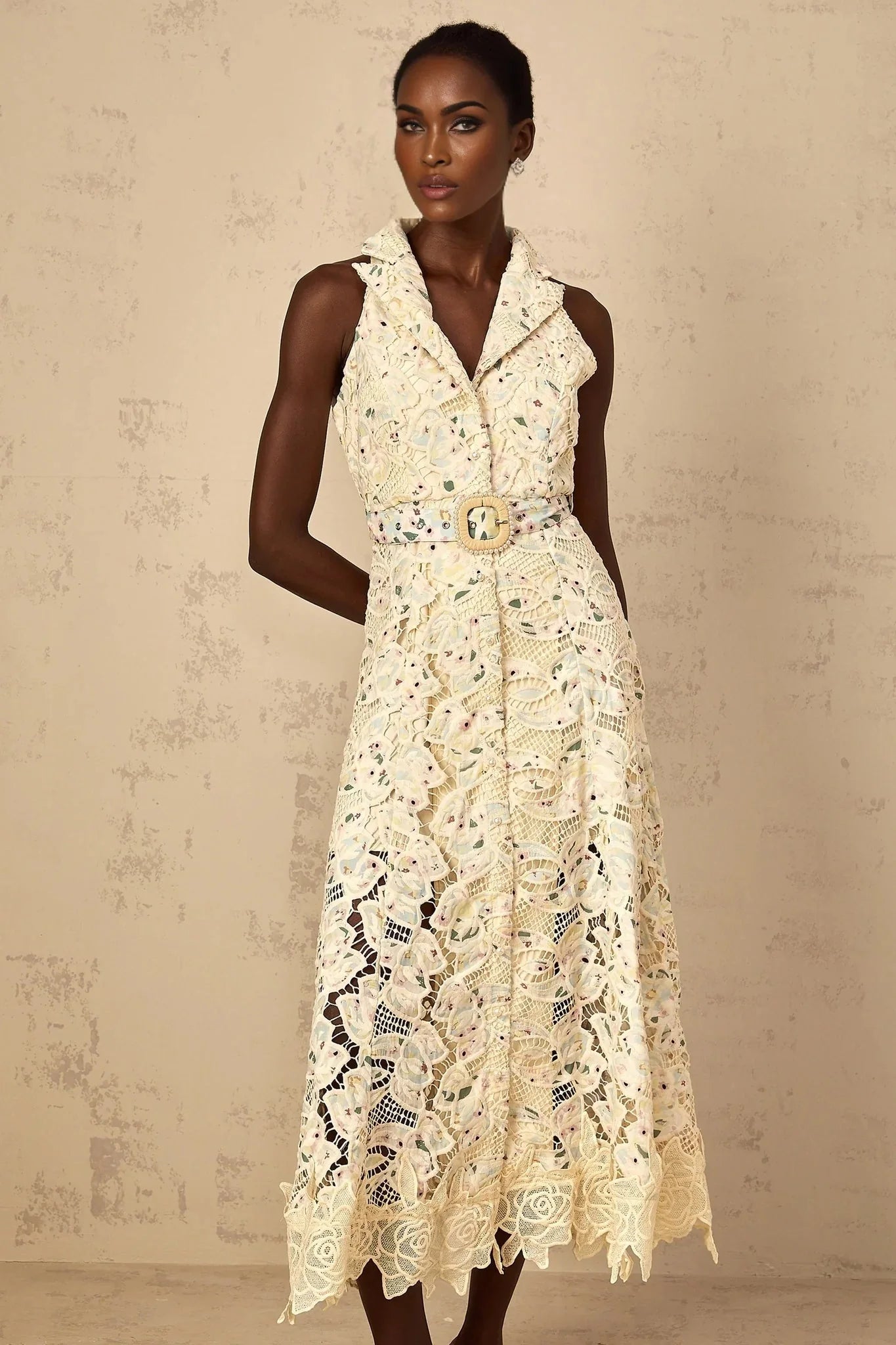 Artemide Midi Dress Floral Embroidered Cut - Out & Belted Waist