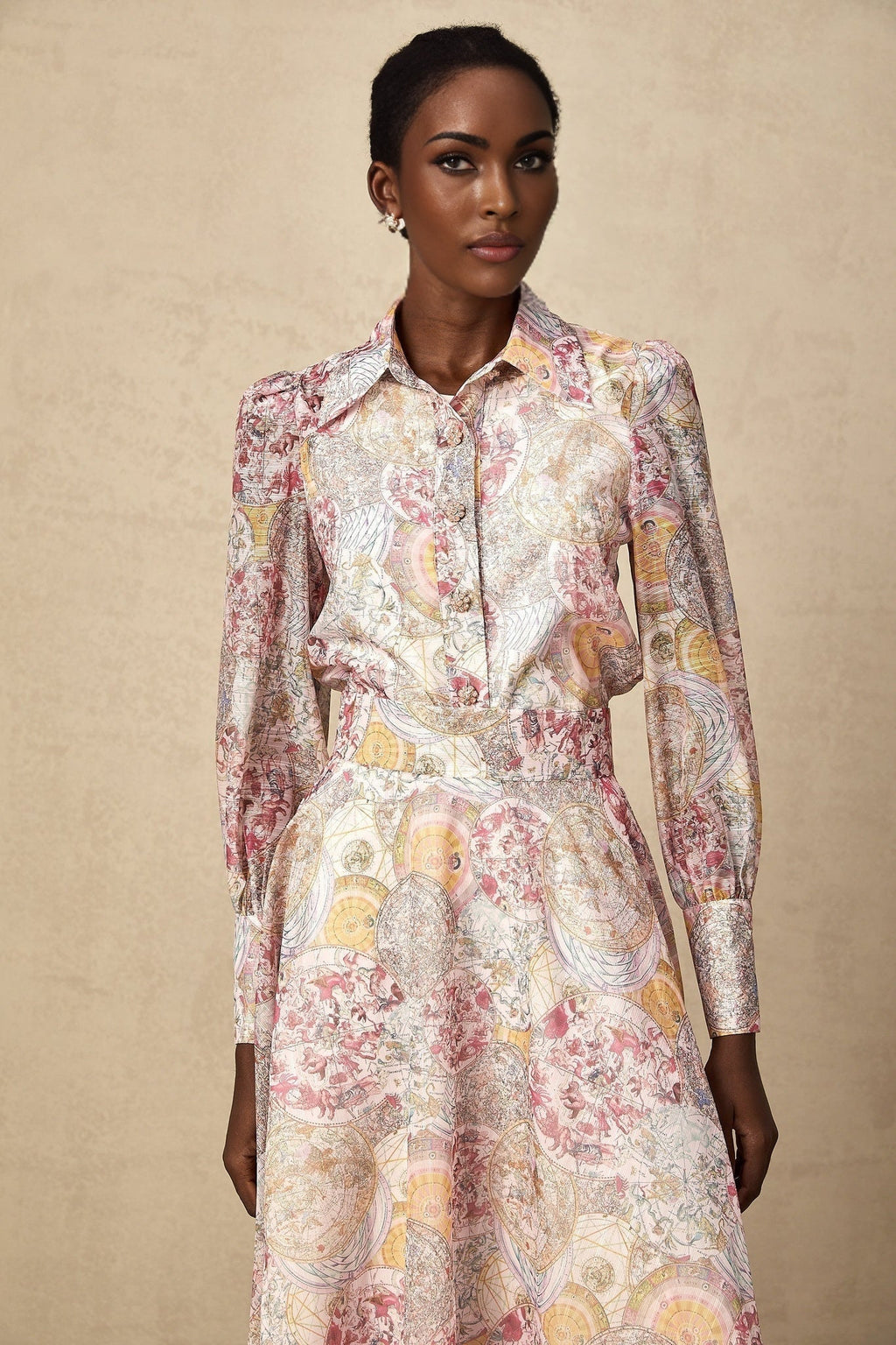 Artemide Shirt & Skirt - Semi - Sheer Construction - Pattern - Long Cuff Sleeves - Side Slip Pocket
