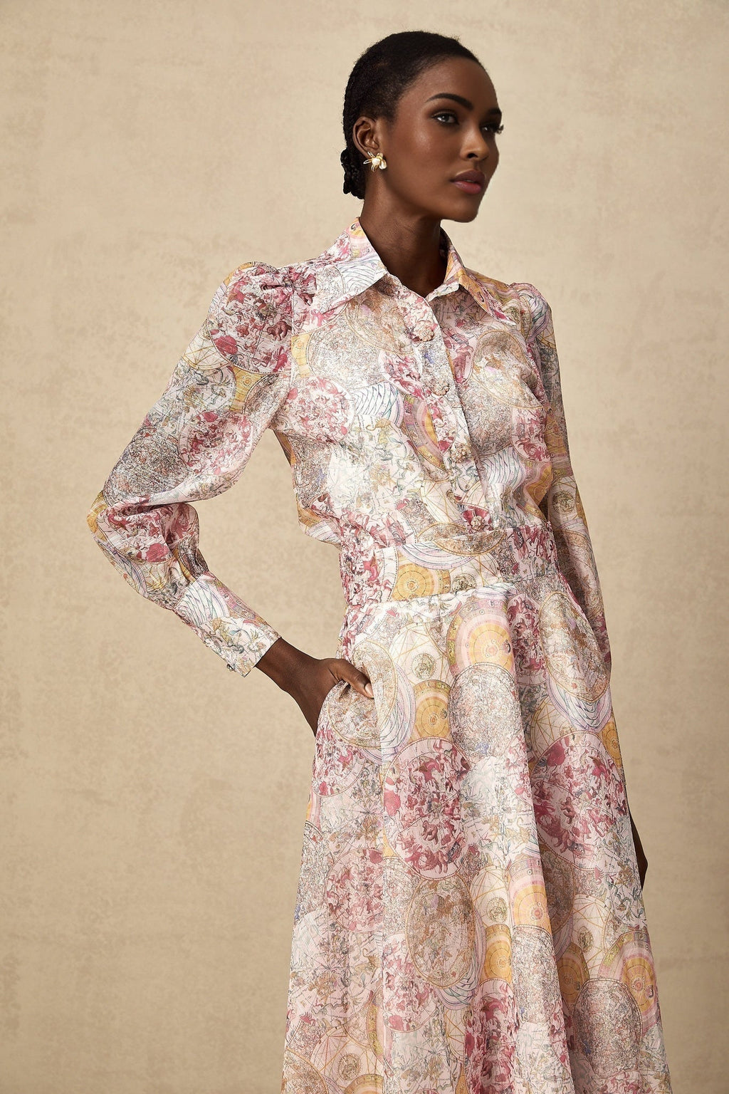 Artemide Shirt & Skirt - Semi - Sheer Construction - Pattern - Long Cuff Sleeves - Side Slip Pocket
