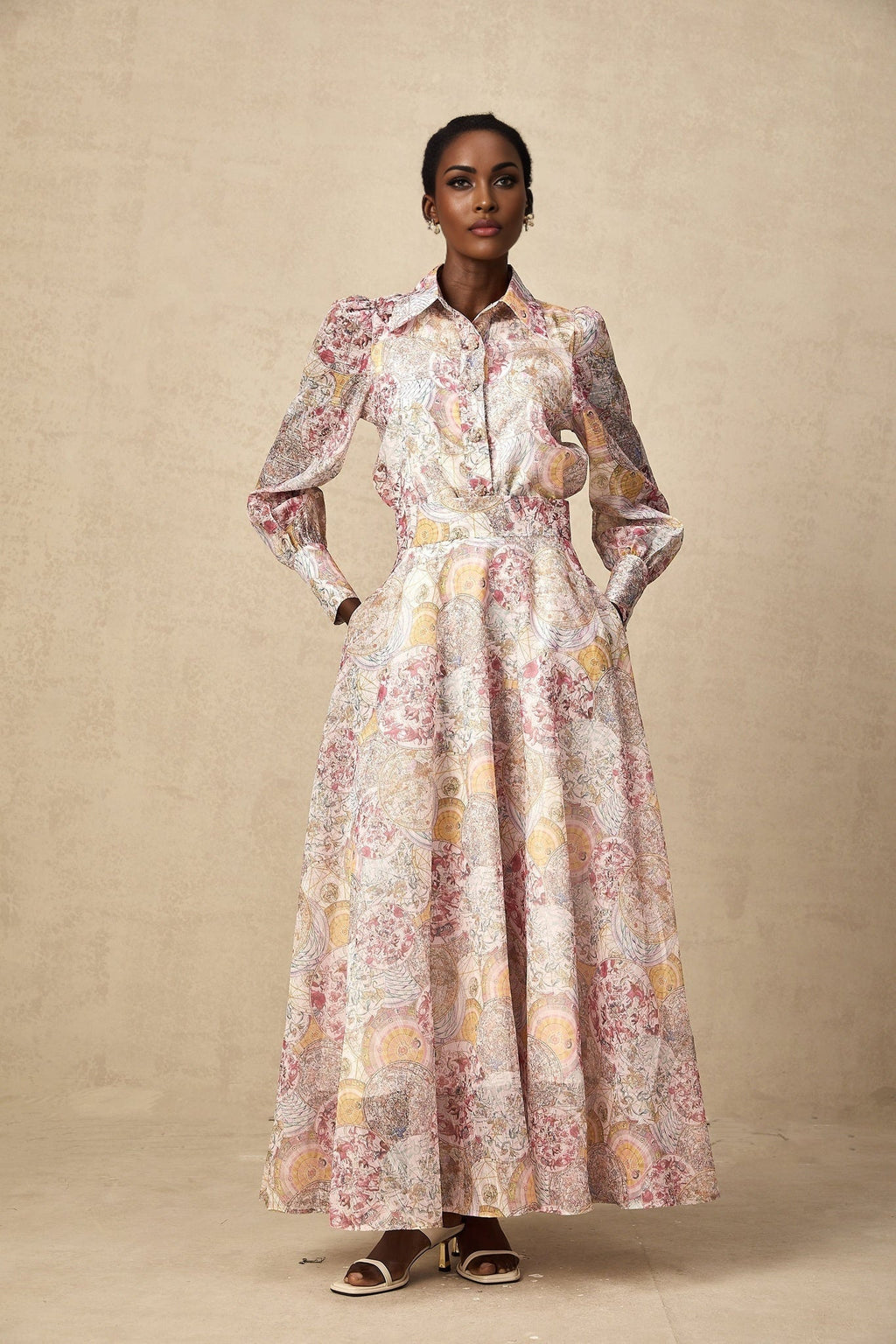 Artemide Shirt & Skirt - Semi - Sheer Construction - Pattern - Long Cuff Sleeves - Side Slip Pocket
