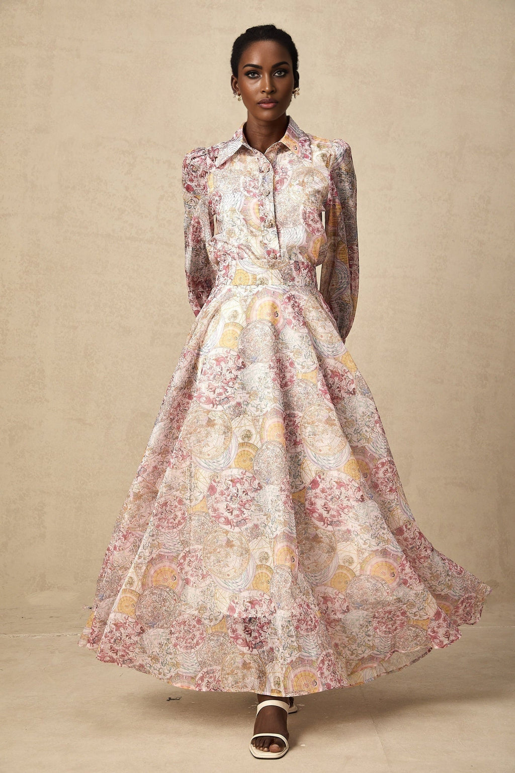 Artemide Shirt & Skirt - Semi - Sheer Construction - Pattern - Long Cuff Sleeves - Side Slip Pocket