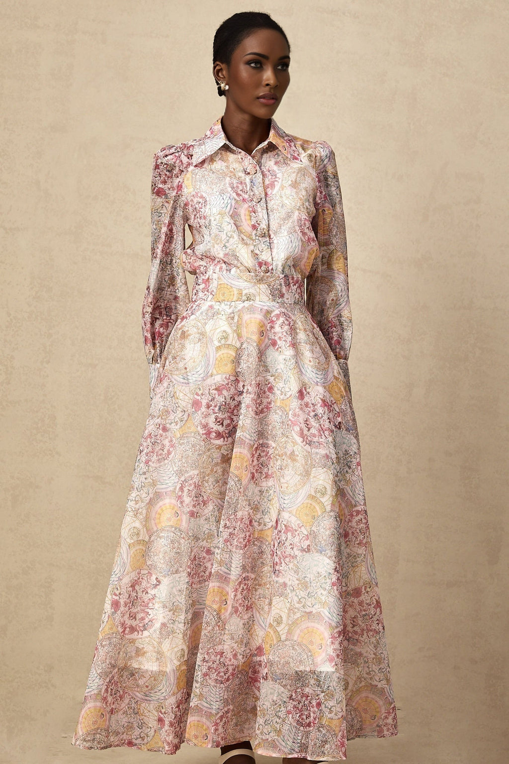 Artemide Shirt & Skirt - Semi - Sheer Construction - Pattern - Long Cuff Sleeves - Side Slip Pocket