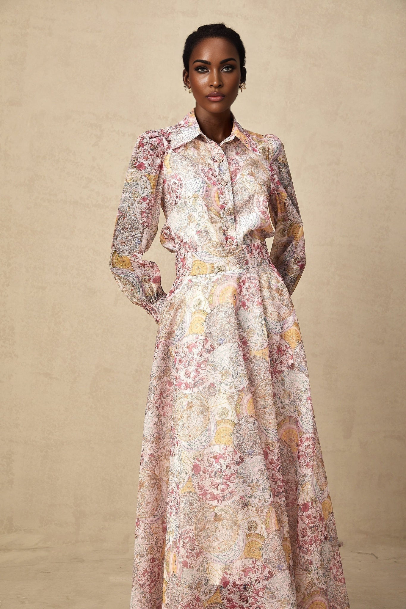 Artemide Shirt & Skirt - Semi - Sheer Construction - Pattern - Long Cuff Sleeves - Side Slip Pocket