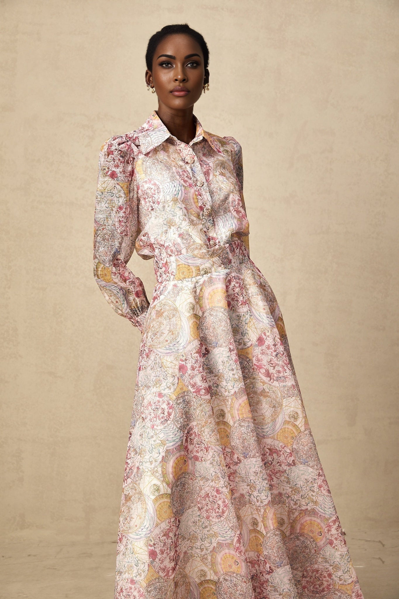 Artemide Shirt & Skirt - Semi - Sheer Construction - Pattern - Long Cuff Sleeves - Side Slip Pocket