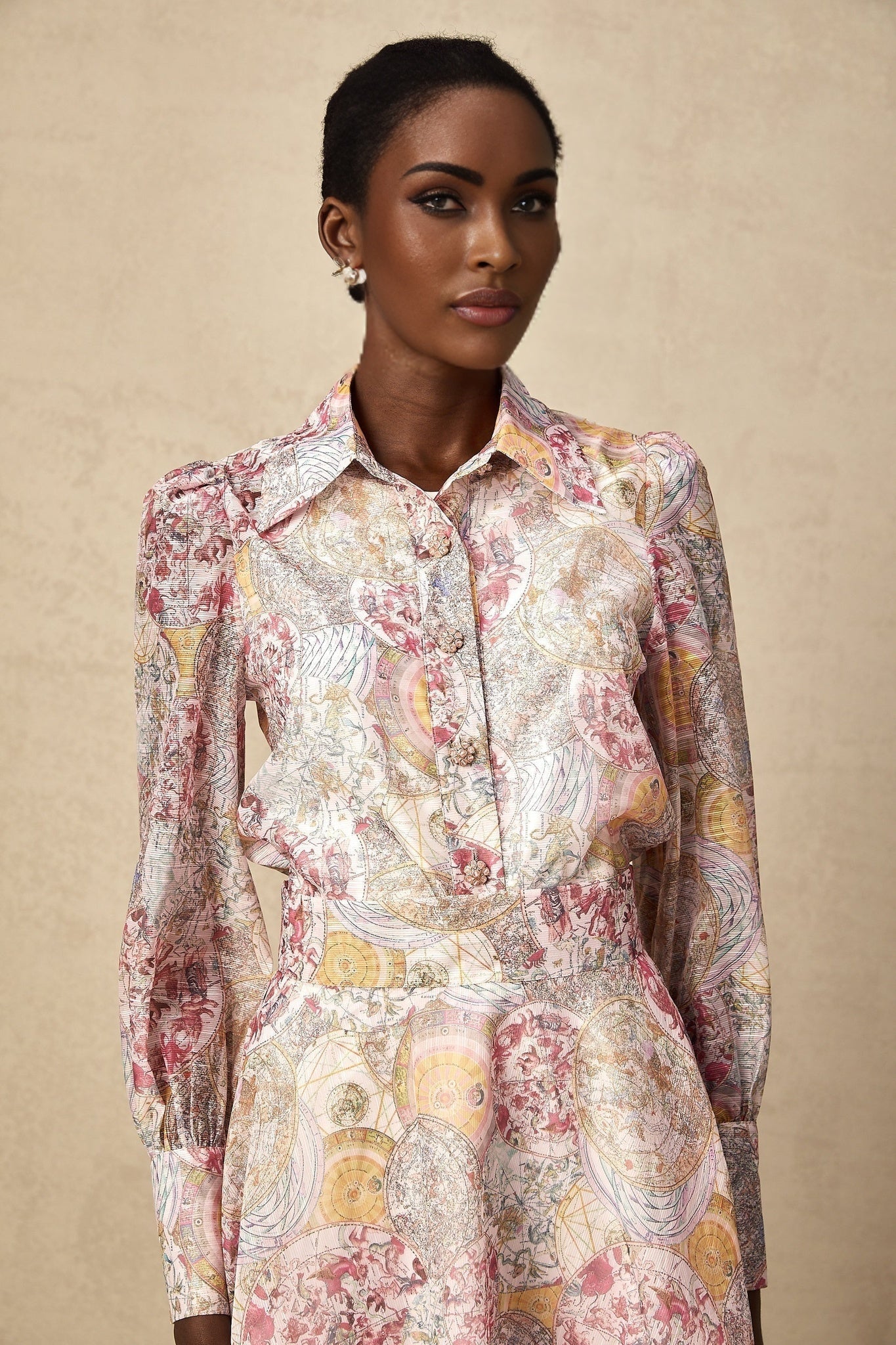 Artemide Shirt & Skirt - Semi - Sheer Construction - Pattern - Long Cuff Sleeves - Side Slip Pocket