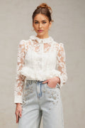 Artemisia Blouse - Lapel Collar - Floral Lace Overlay - Ruffled Detailing - Faux - Pearl Embellishment