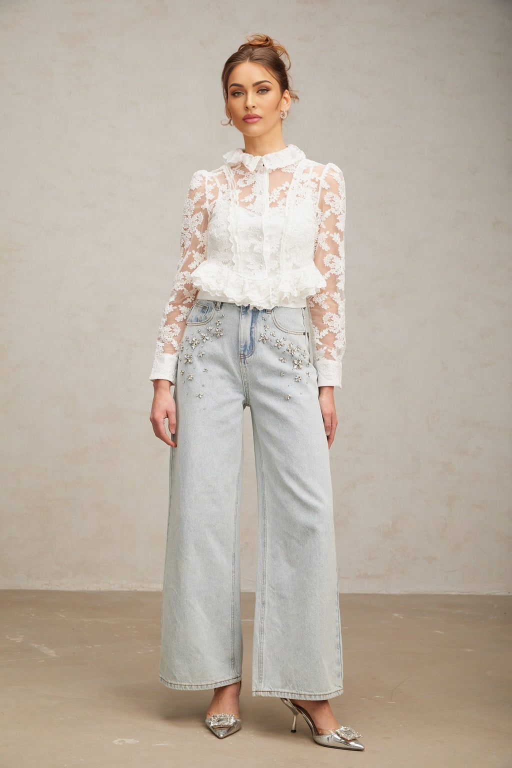 Artemisia Blouse - Lapel Collar - Floral Lace Overlay - Ruffled Detailing - Faux - Pearl Embellishment