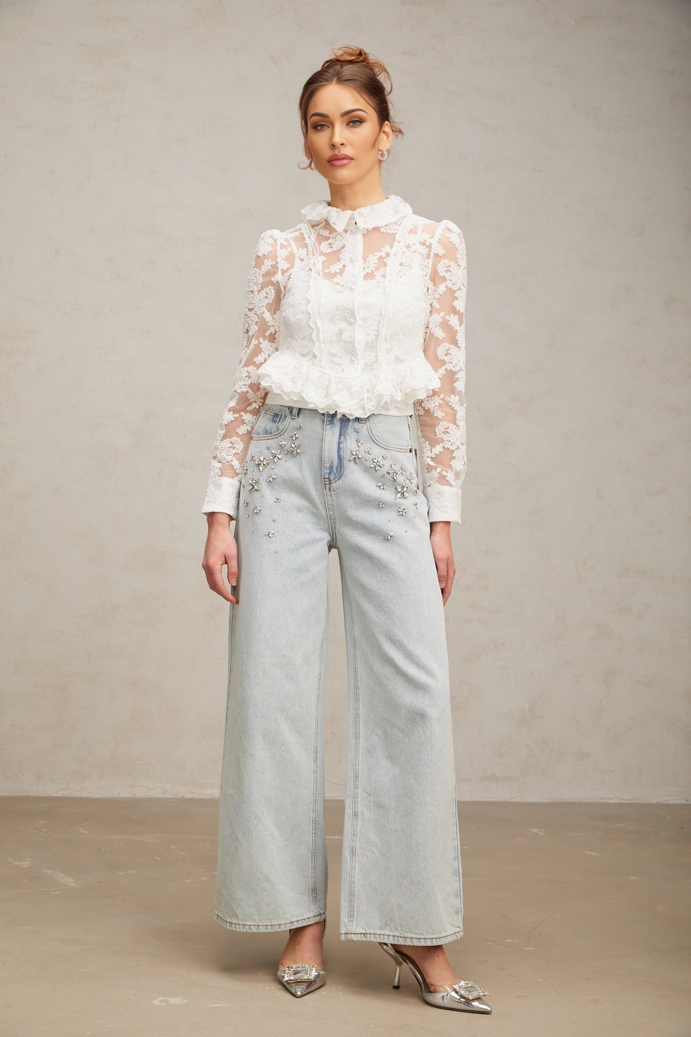 Artemisia Blouse - Lapel Collar - Floral Lace Overlay - Ruffled Detailing - Faux - Pearl Embellishment