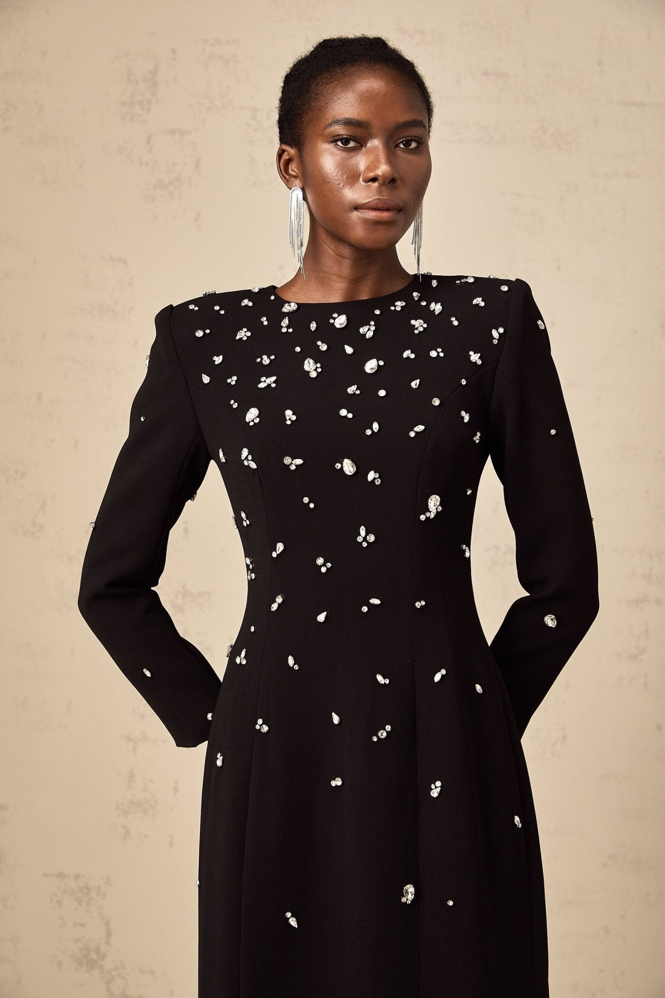 Ashley Maxi Dress - Long Sleeves - Shoulder Pads - Crystal Embellishments - Rear Slit