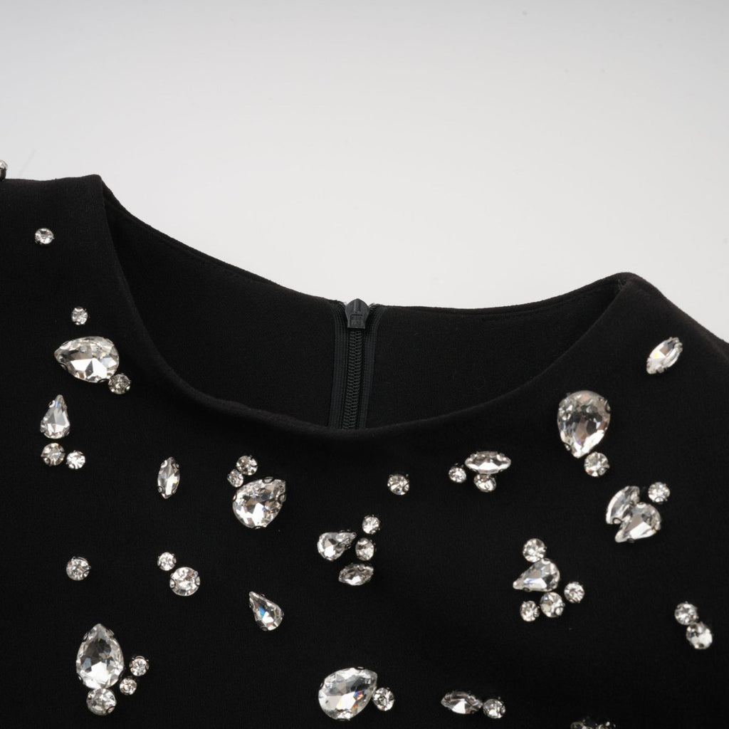 Ashley Maxi Dress - Long Sleeves - Shoulder Pads - Crystal Embellishments - Rear Slit