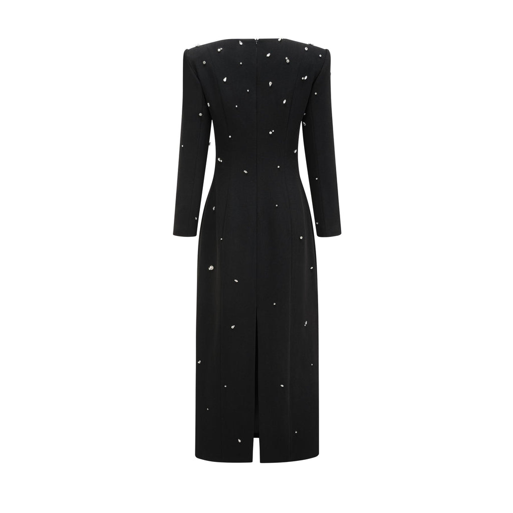 Ashley Maxi Dress - Long Sleeves - Shoulder Pads - Crystal Embellishments - Rear Slit