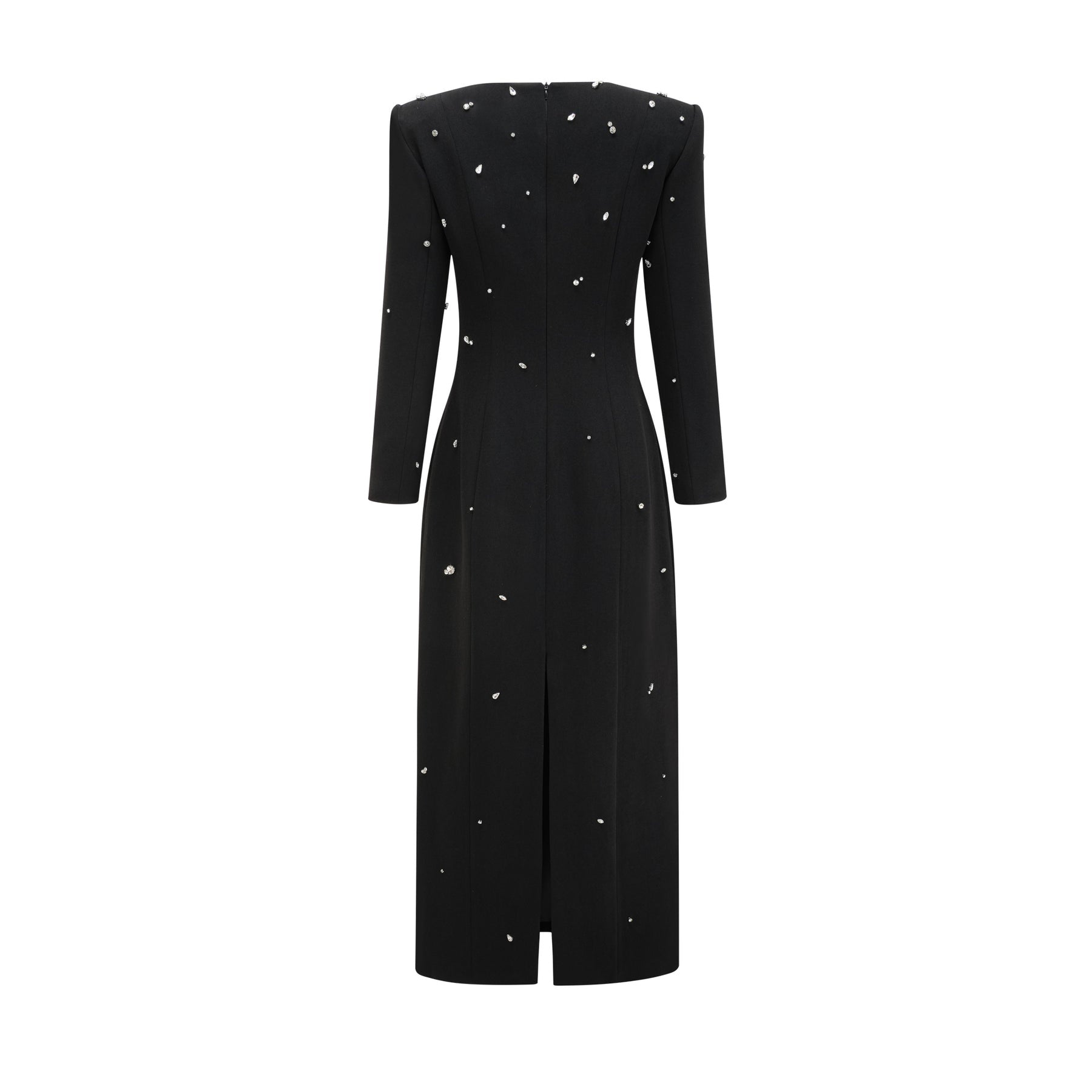 Ashley Maxi Dress - Long Sleeves - Shoulder Pads - Crystal Embellishments - Rear Slit