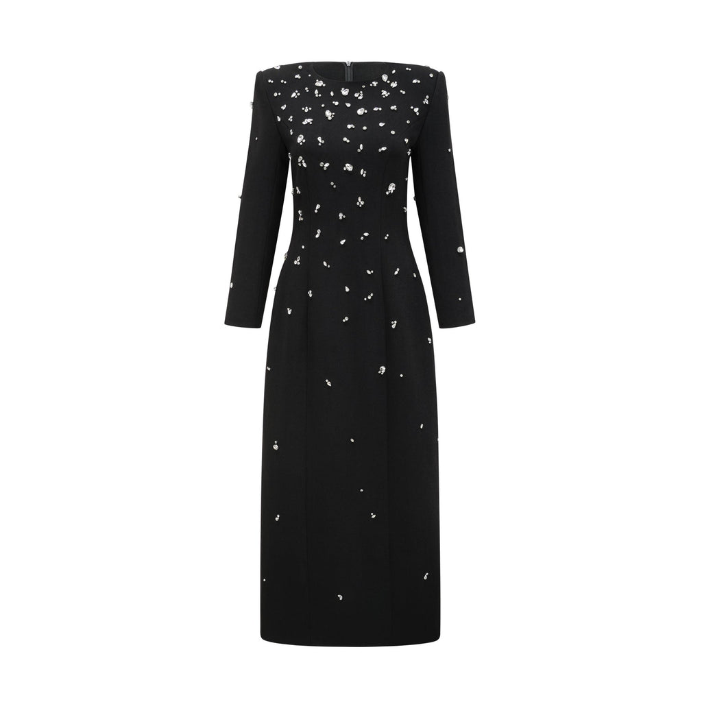Ashley Maxi Dress - Long Sleeves - Shoulder Pads - Crystal Embellishments - Rear Slit