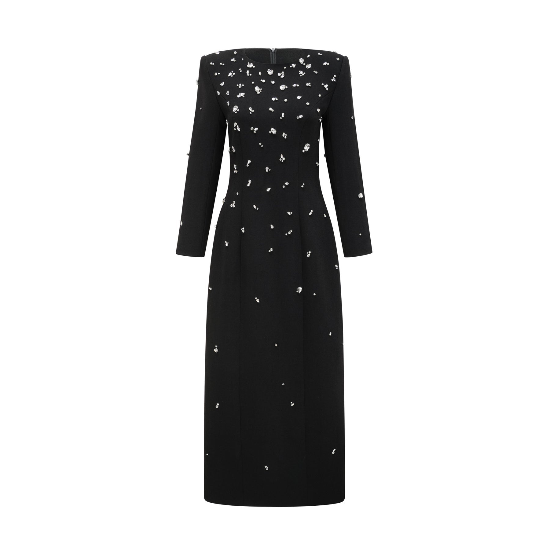 Ashley Maxi Dress - Long Sleeves - Shoulder Pads - Crystal Embellishments - Rear Slit