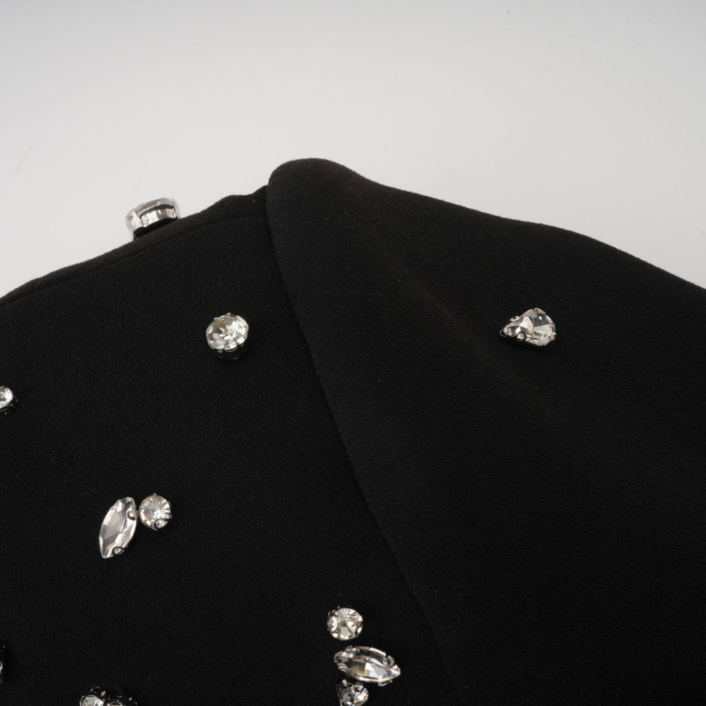 Ashley Maxi Dress - Long Sleeves - Shoulder Pads - Crystal Embellishments - Rear Slit