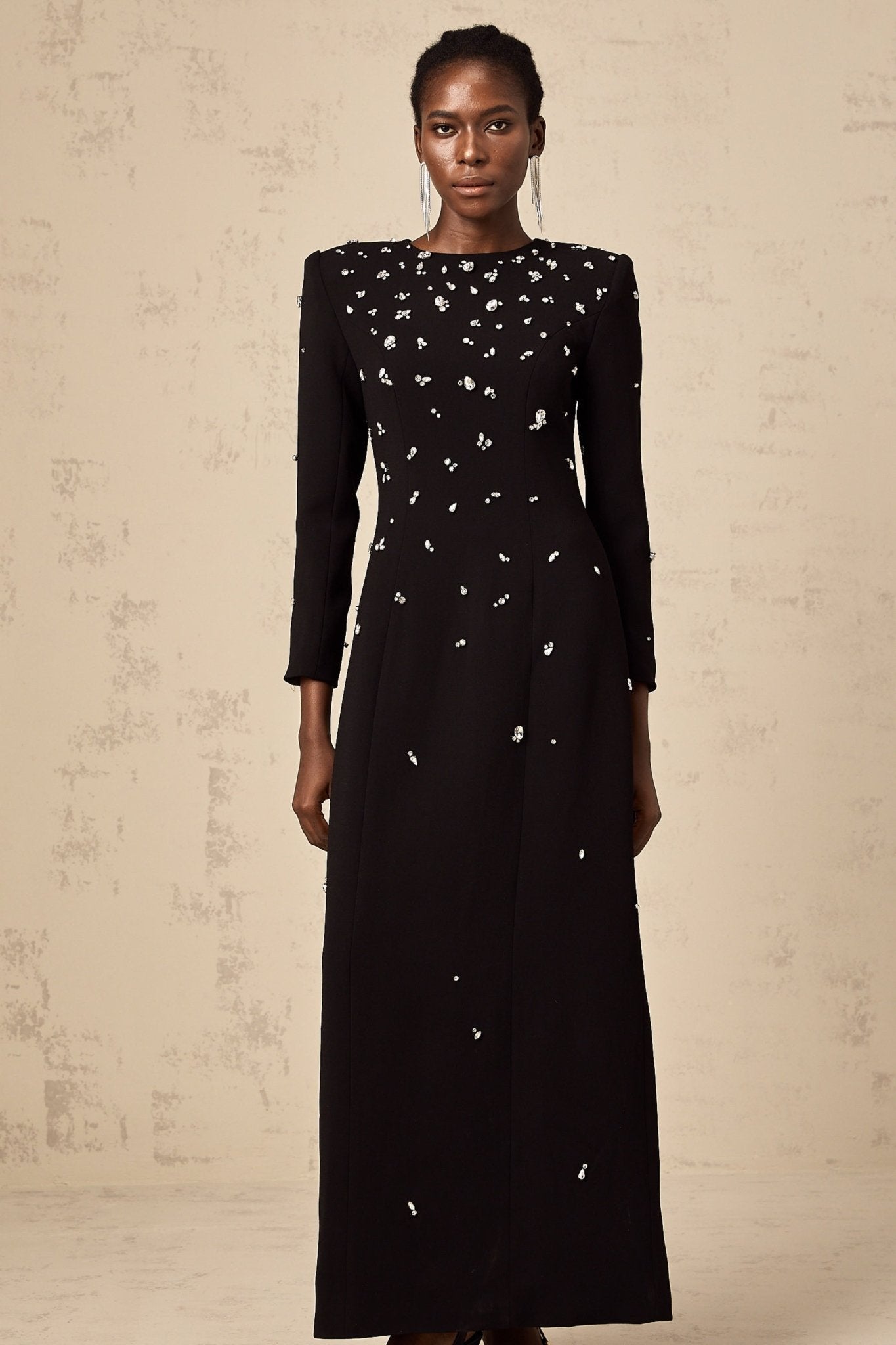 Ashley Maxi Dress - Long Sleeves - Shoulder Pads - Crystal Embellishments - Rear Slit