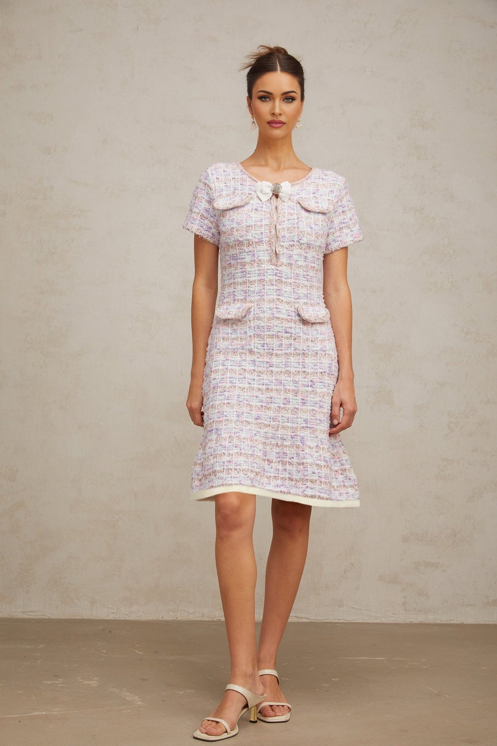 Ashley Midi Dress - Boucl Check Pattern - Crystal Embellishment - Patch Pockets - Flounce Hem