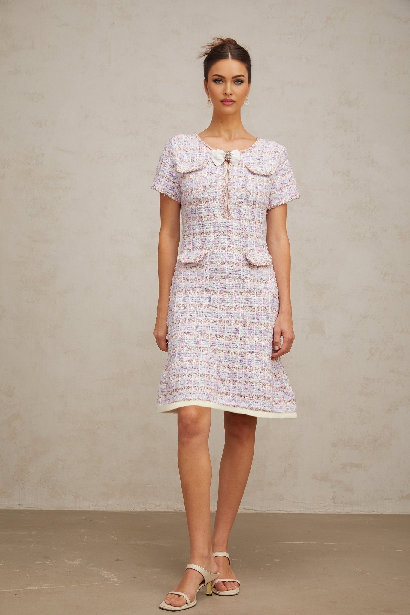 Ashley Midi Dress - Boucl Check Pattern - Crystal Embellishment - Patch Pockets - Flounce Hem