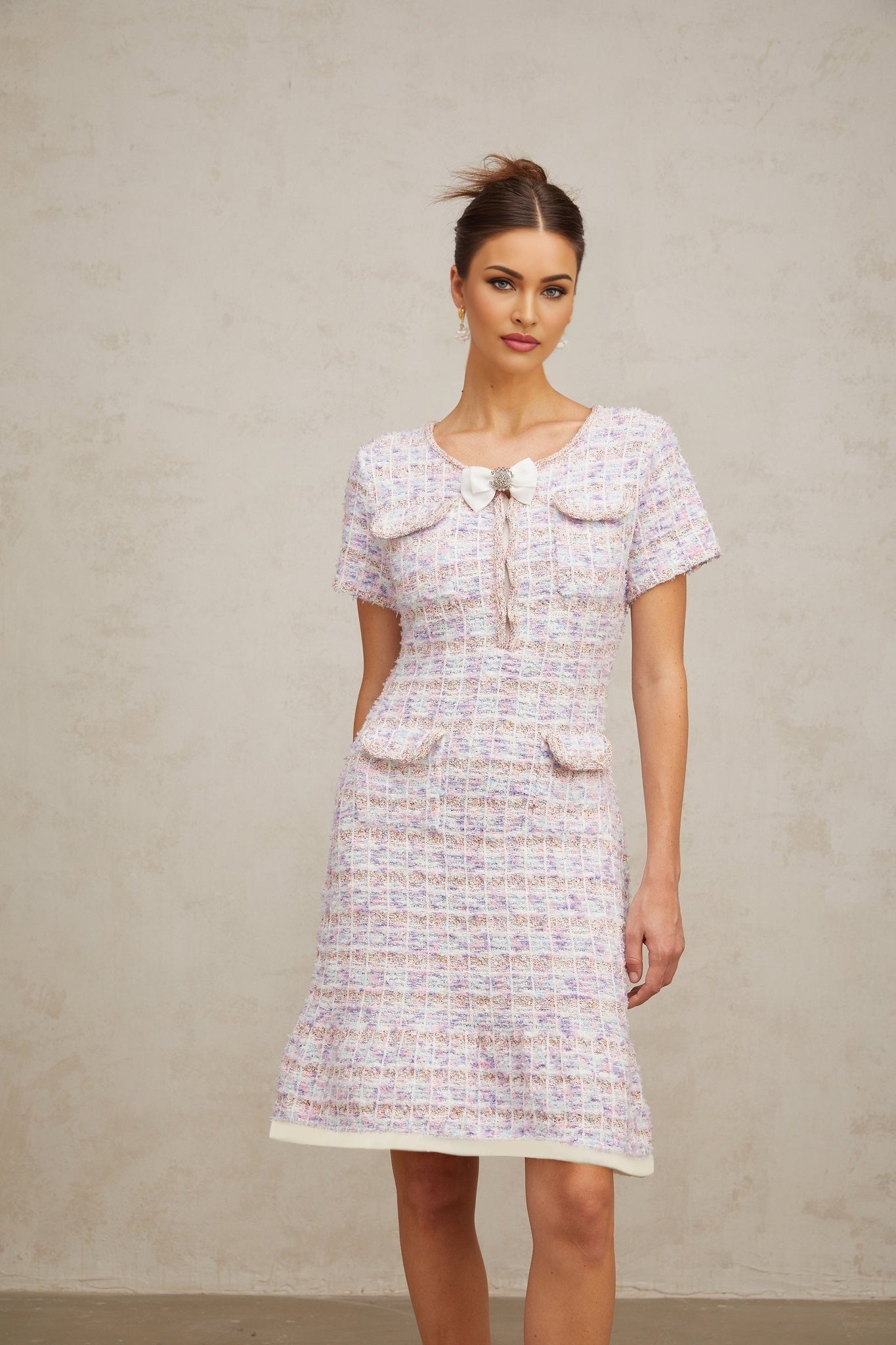 Ashley Midi Dress - Boucl Check Pattern - Crystal Embellishment - Patch Pockets - Flounce Hem