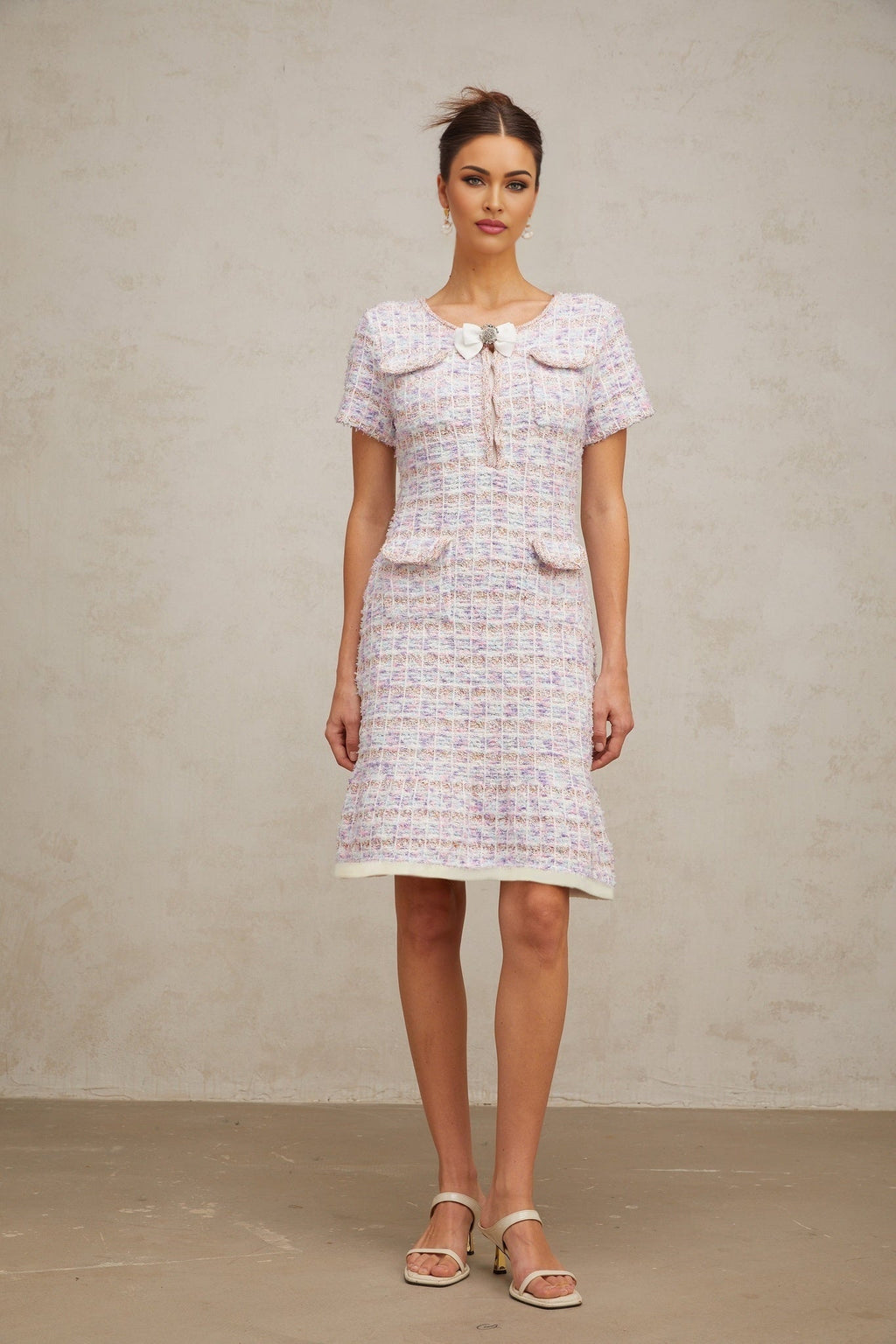 Ashley Midi Dress - Boucl Check Pattern - Crystal Embellishment - Patch Pockets - Flounce Hem