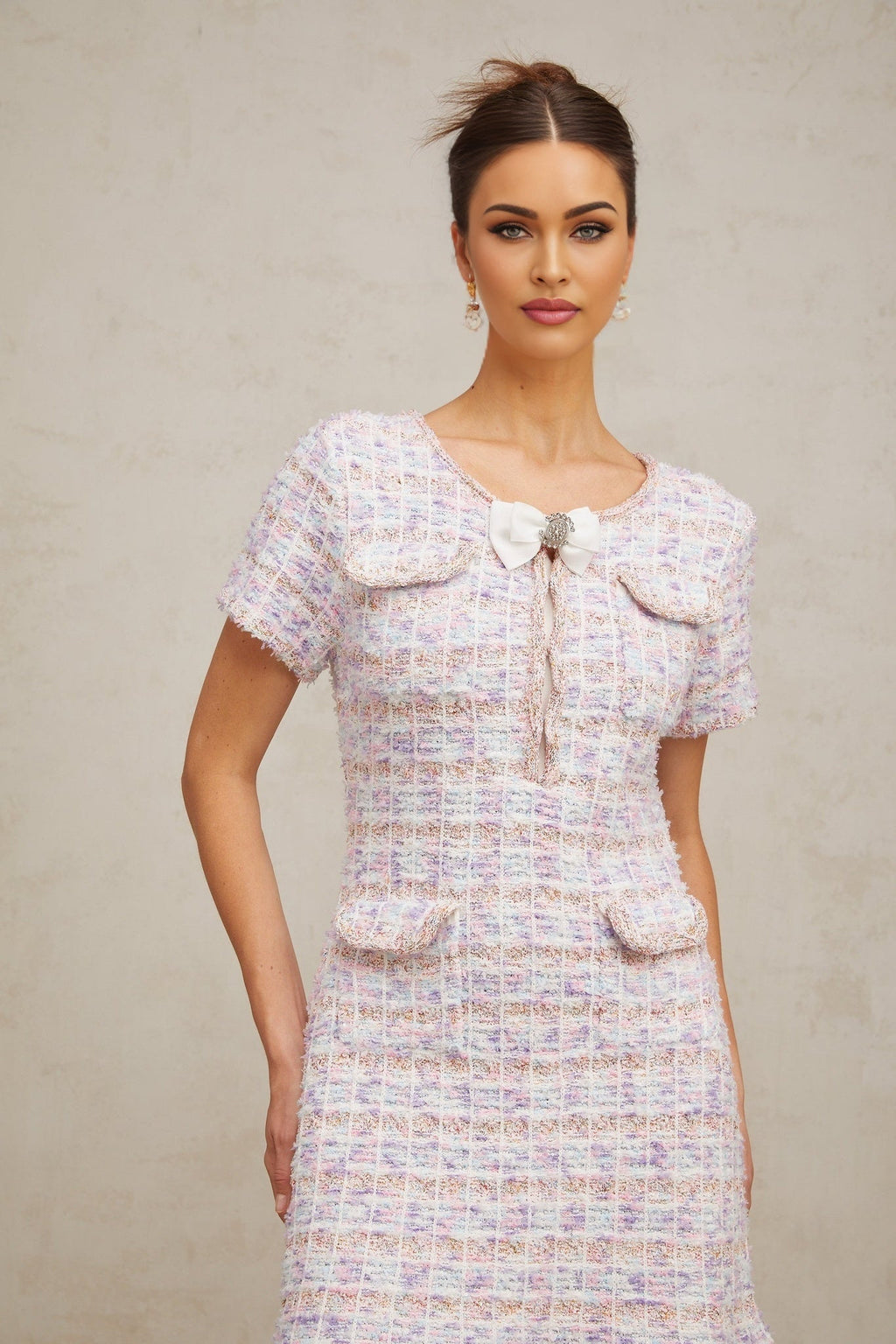 Ashley Midi Dress - Boucl Check Pattern - Crystal Embellishment - Patch Pockets - Flounce Hem
