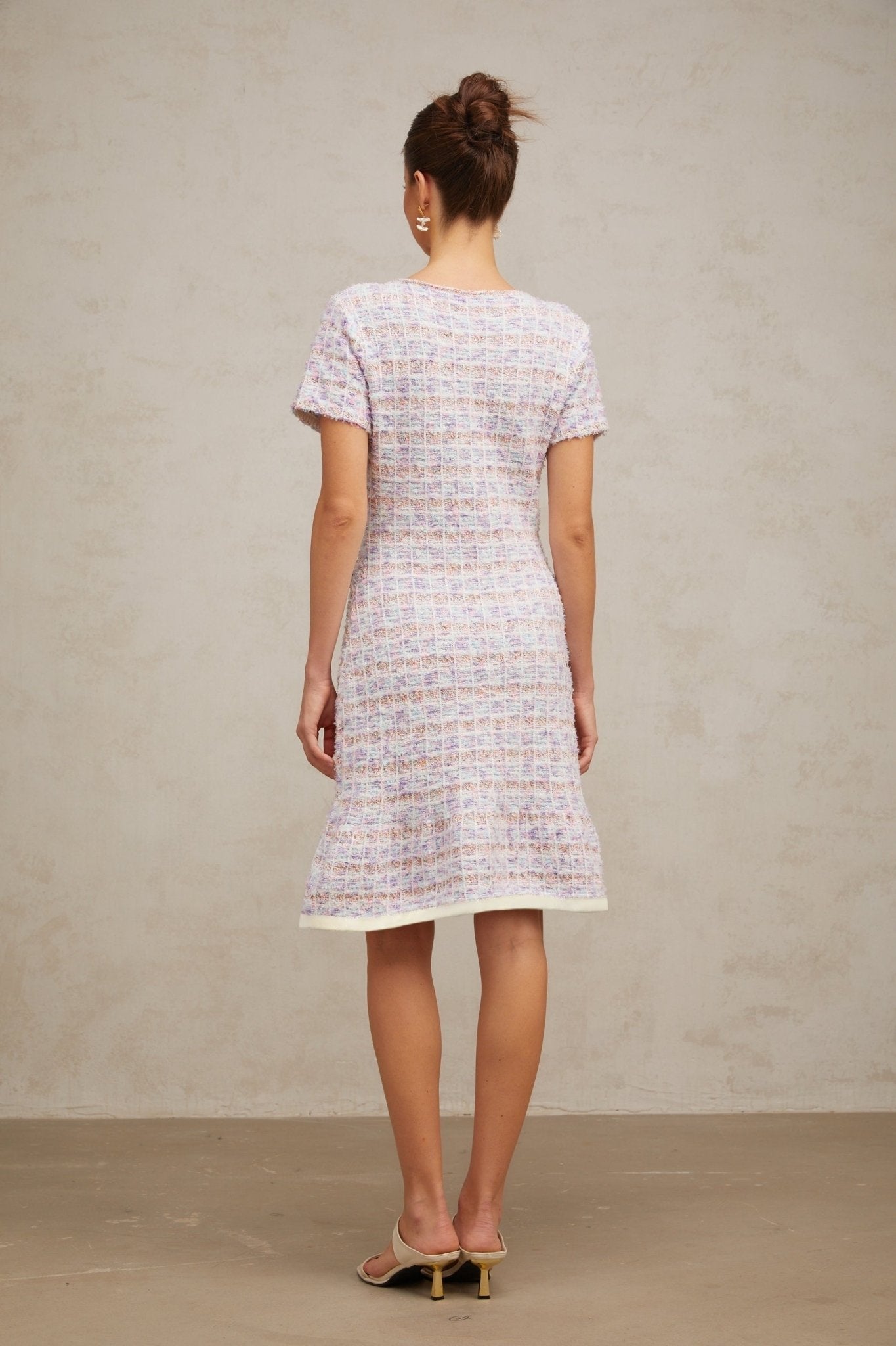 Ashley Midi Dress - Boucl Check Pattern - Crystal Embellishment - Patch Pockets - Flounce Hem