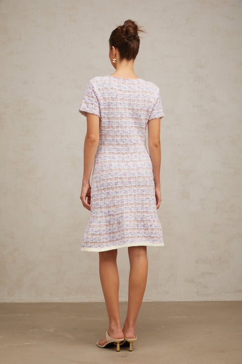 Ashley Midi Dress - Boucl Check Pattern - Crystal Embellishment - Patch Pockets - Flounce Hem