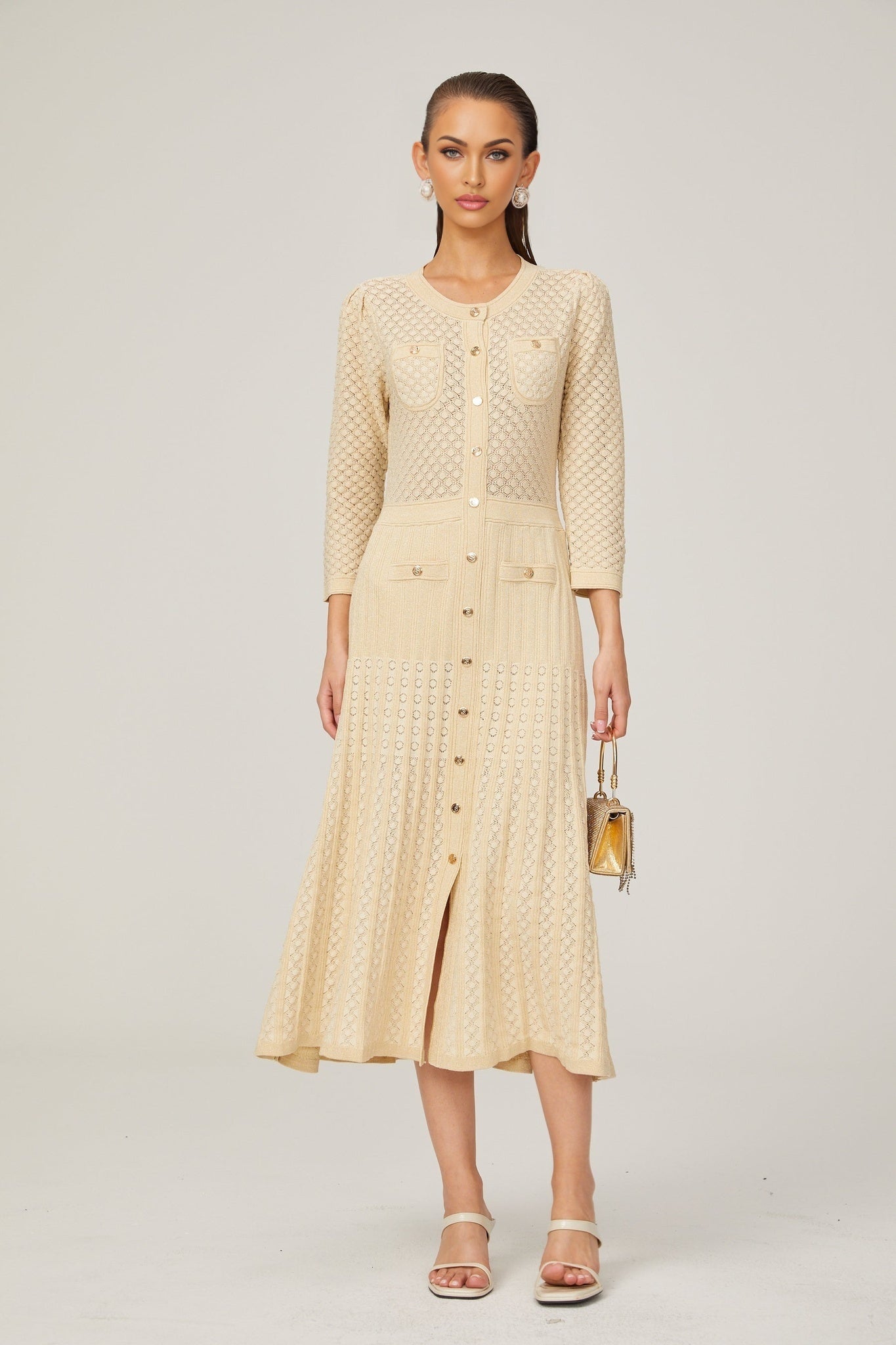 Ashley Midi Dress – Three - Quarter Sleeves – Stretch Jersey – Front Button Fastening