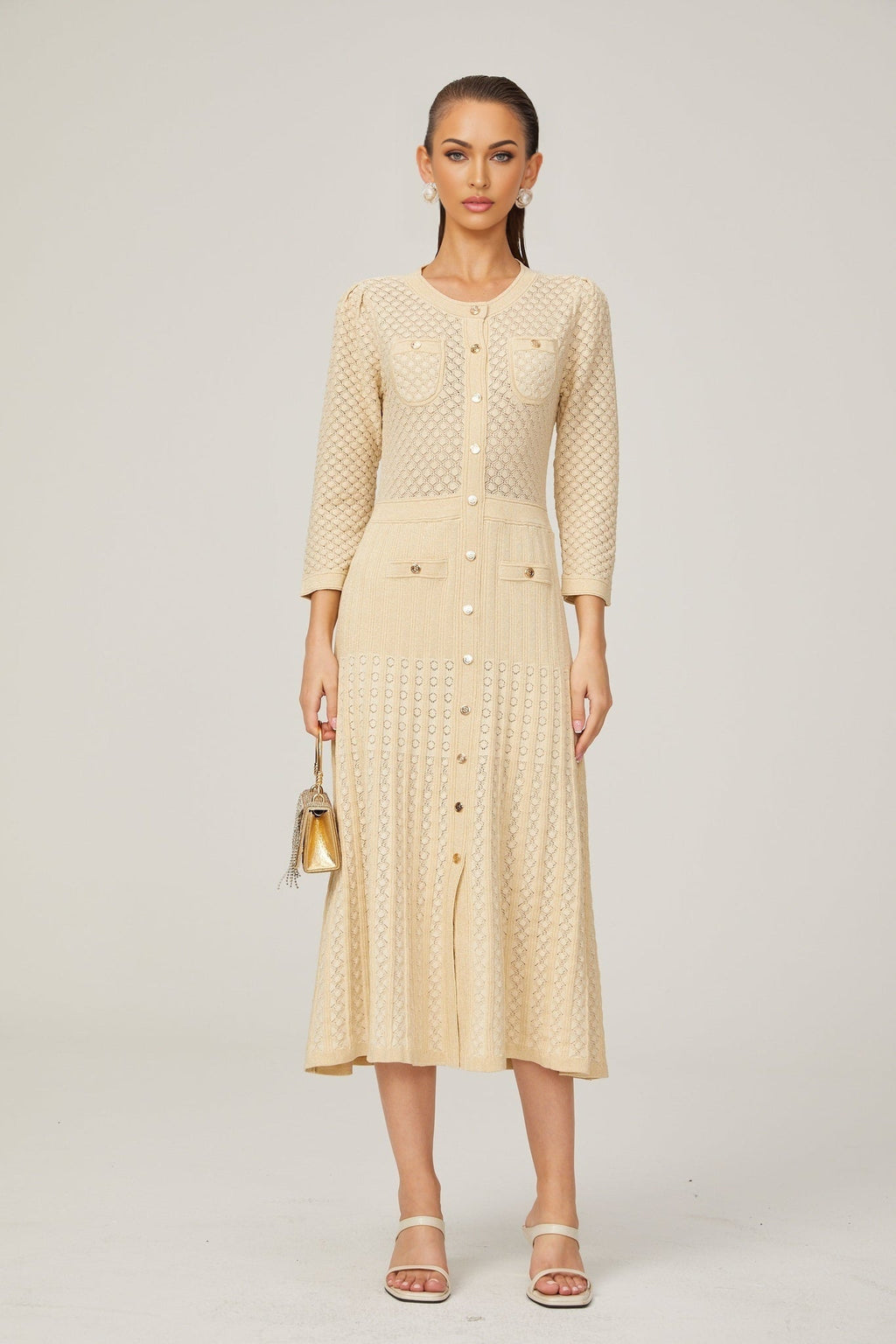 Ashley Midi Dress – Three - Quarter Sleeves – Stretch Jersey – Front Button Fastening