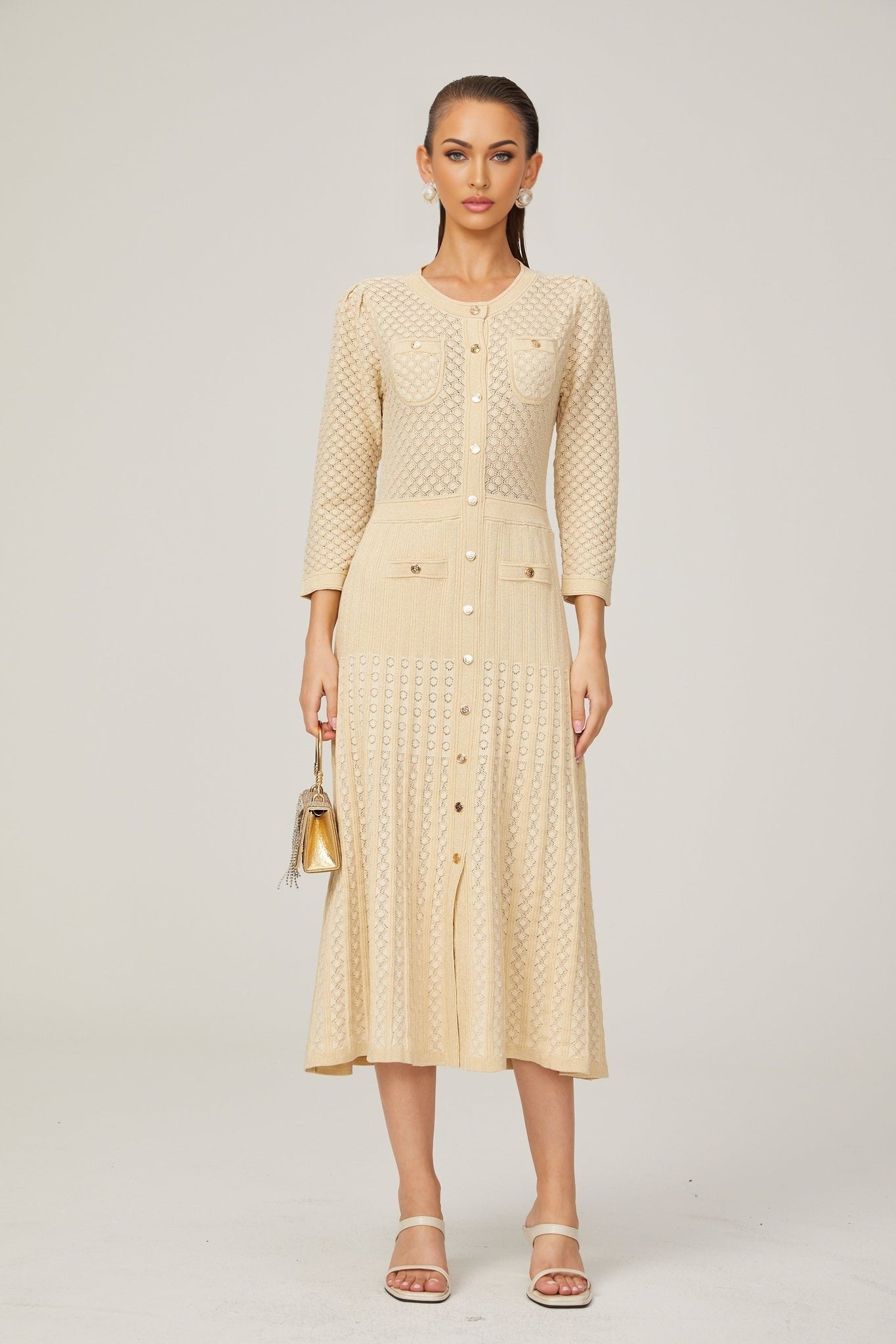 Ashley Midi Dress – Three - Quarter Sleeves – Stretch Jersey – Front Button Fastening