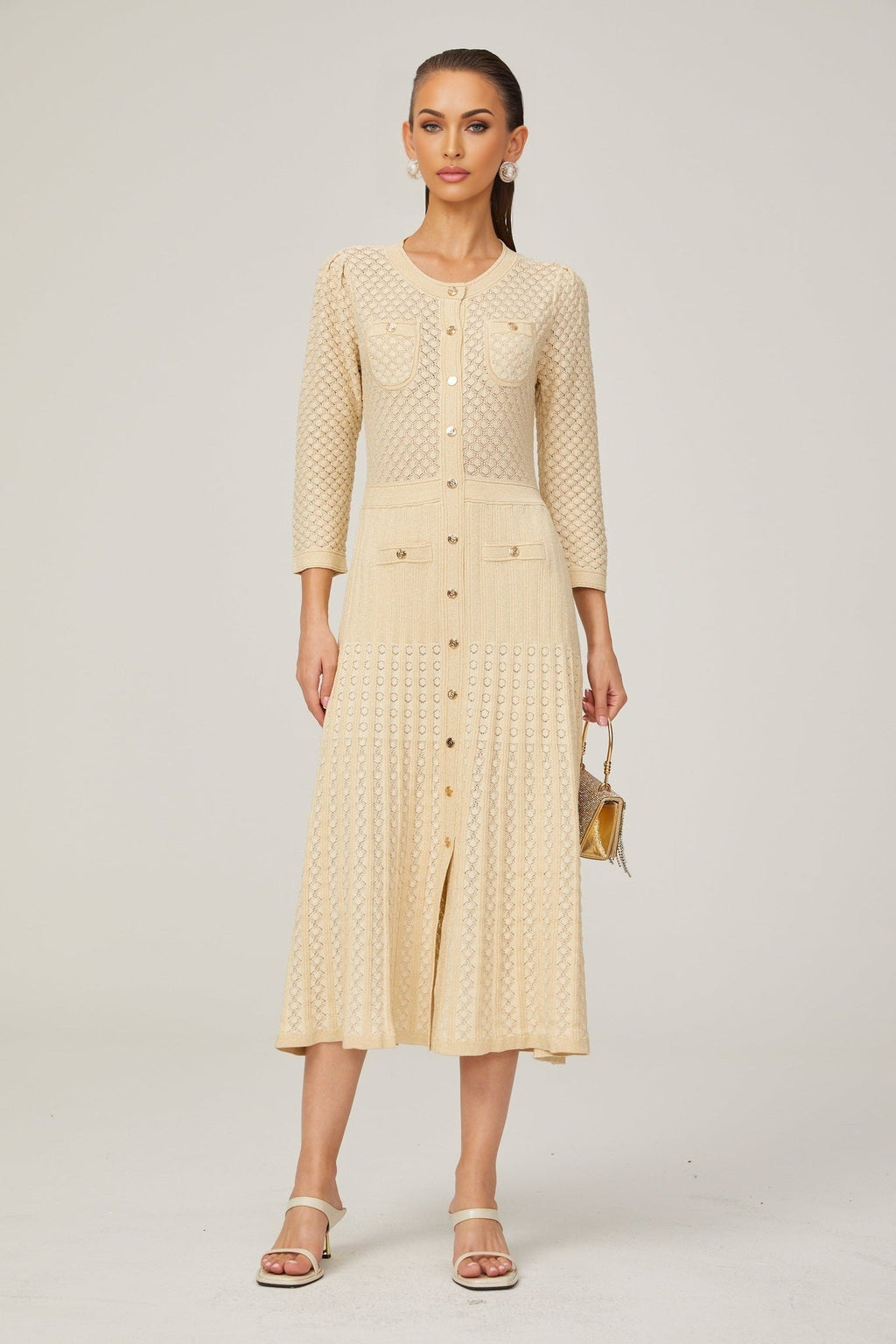 Ashley Midi Dress – Three - Quarter Sleeves – Stretch Jersey – Front Button Fastening