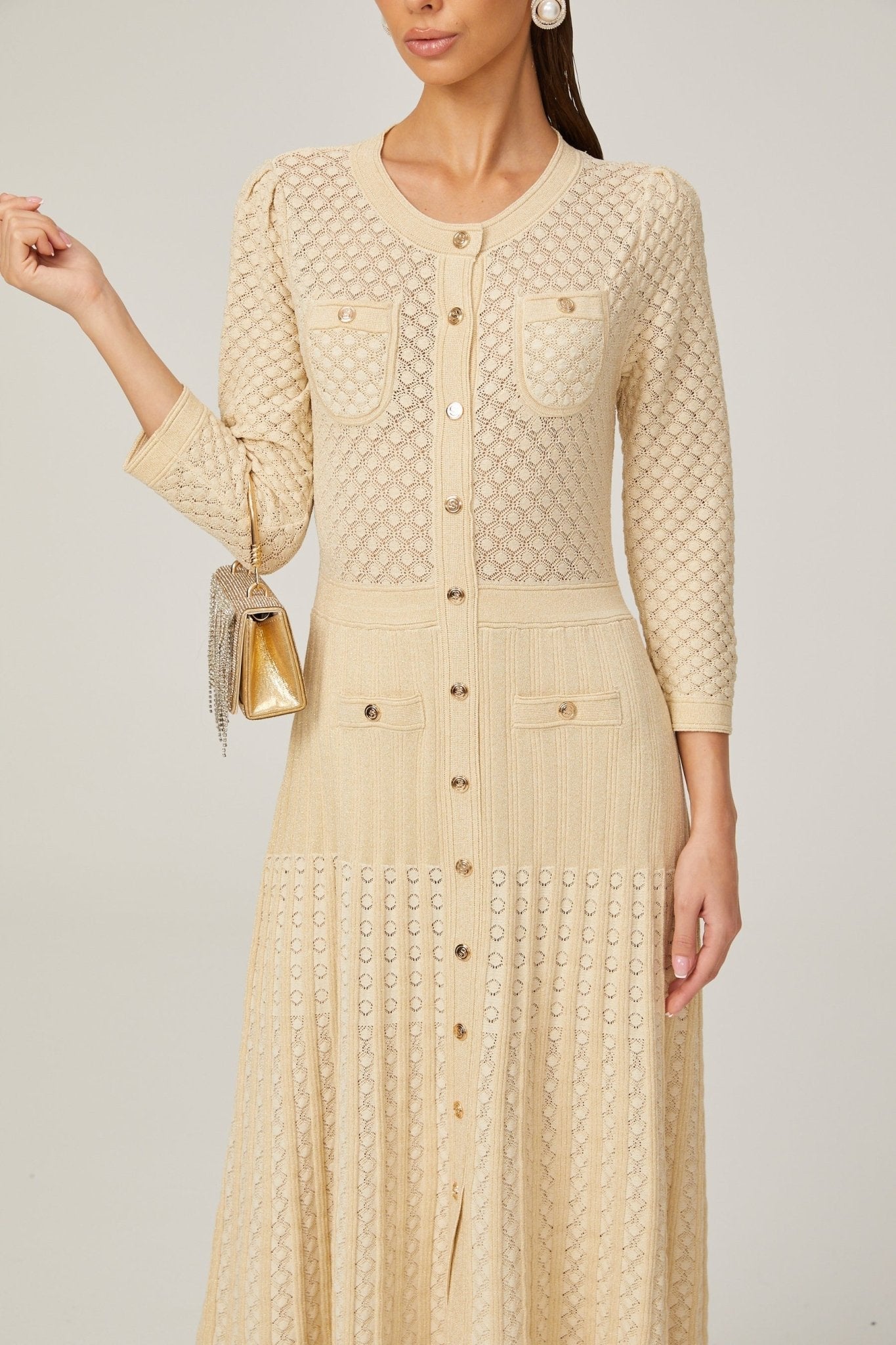 Ashley Midi Dress – Three - Quarter Sleeves – Stretch Jersey – Front Button Fastening