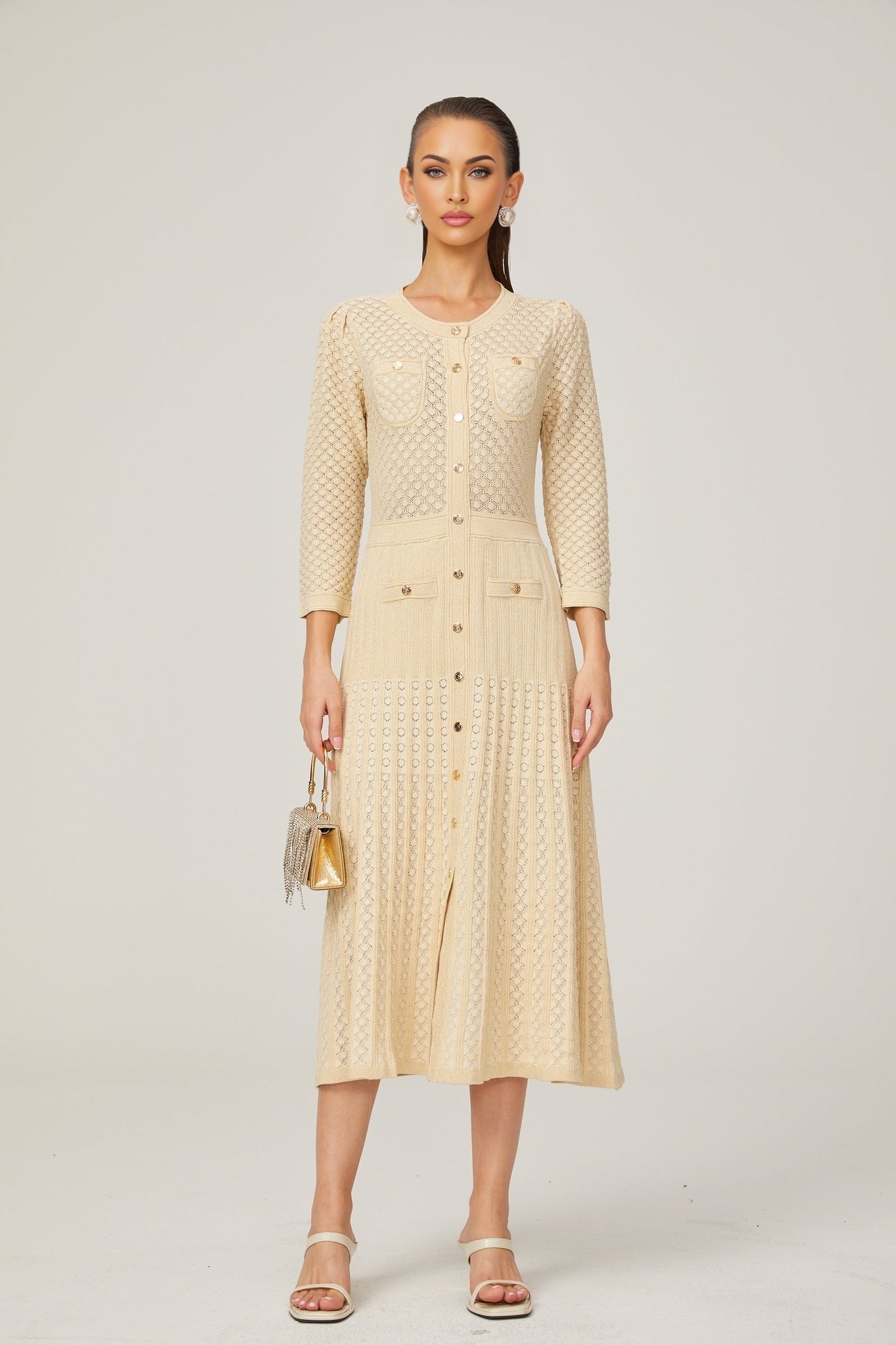 Ashley Midi Dress – Three - Quarter Sleeves – Stretch Jersey – Front Button Fastening