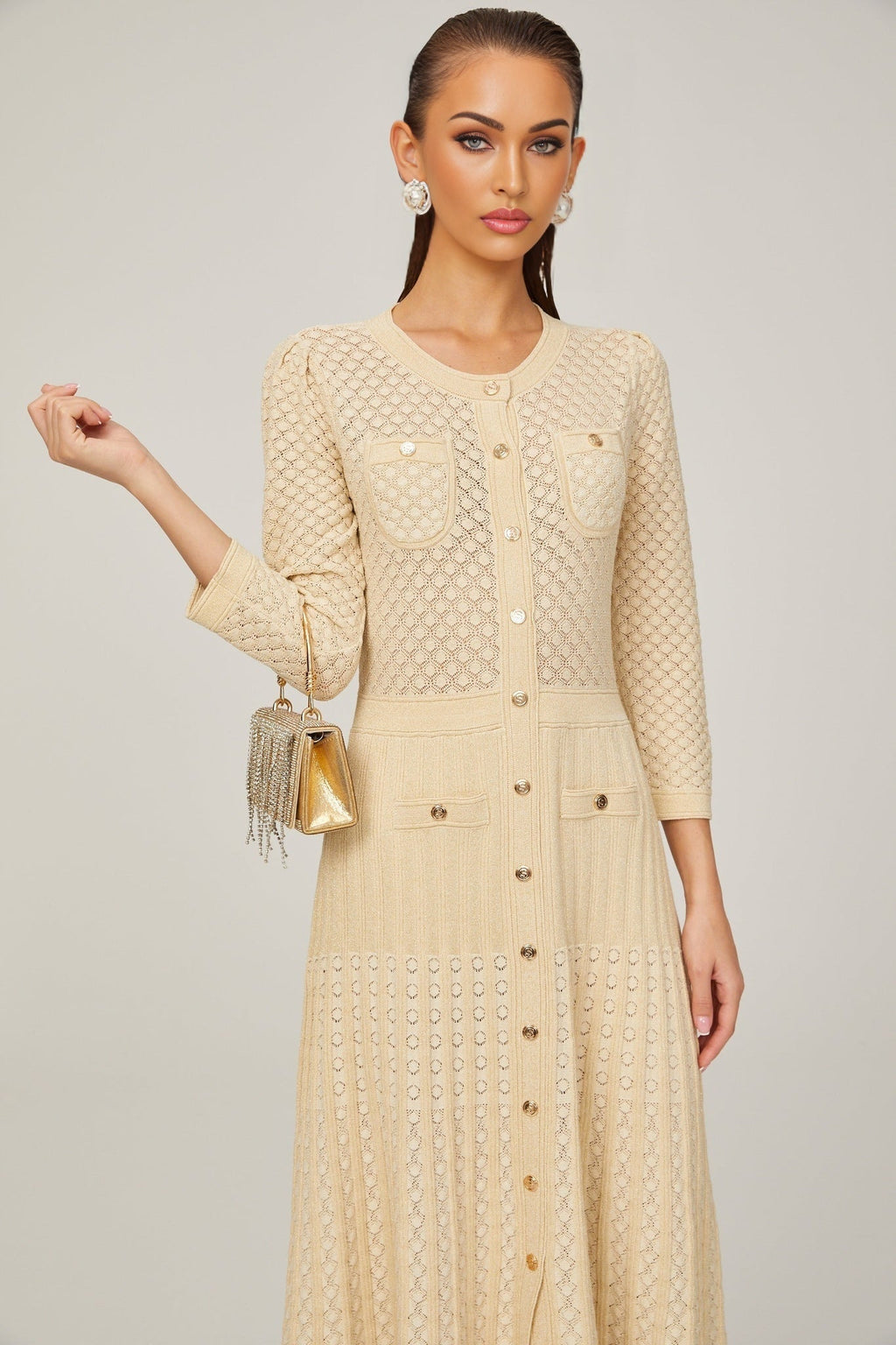 Ashley Midi Dress – Three - Quarter Sleeves – Stretch Jersey – Front Button Fastening