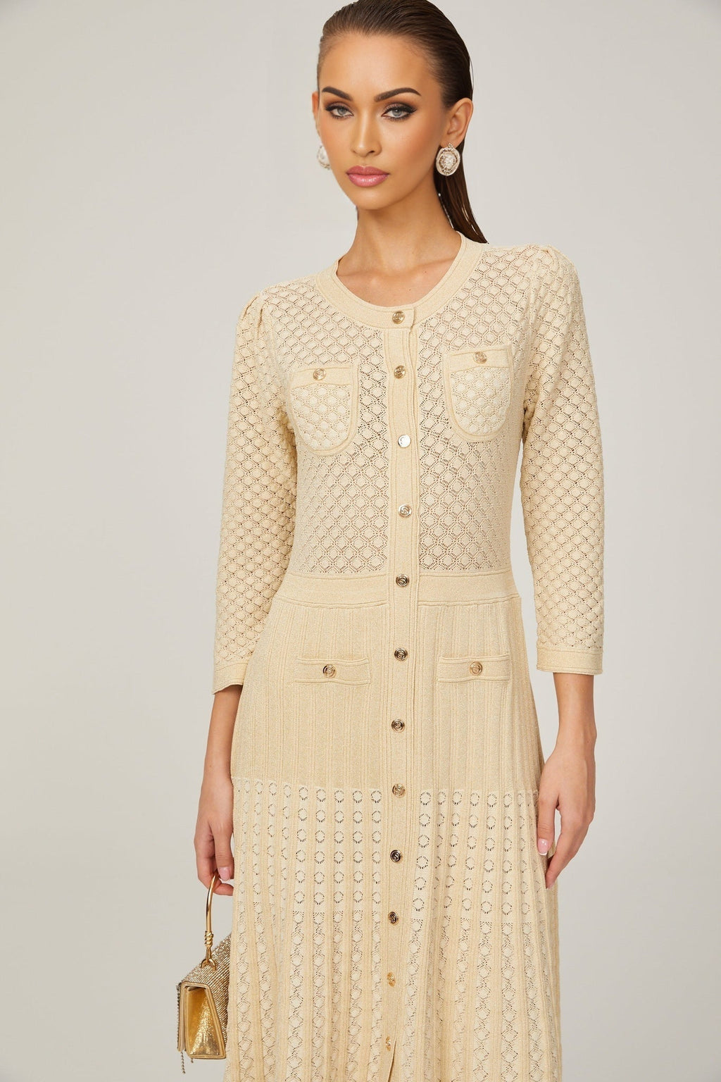 Ashley Midi Dress – Three - Quarter Sleeves – Stretch Jersey – Front Button Fastening