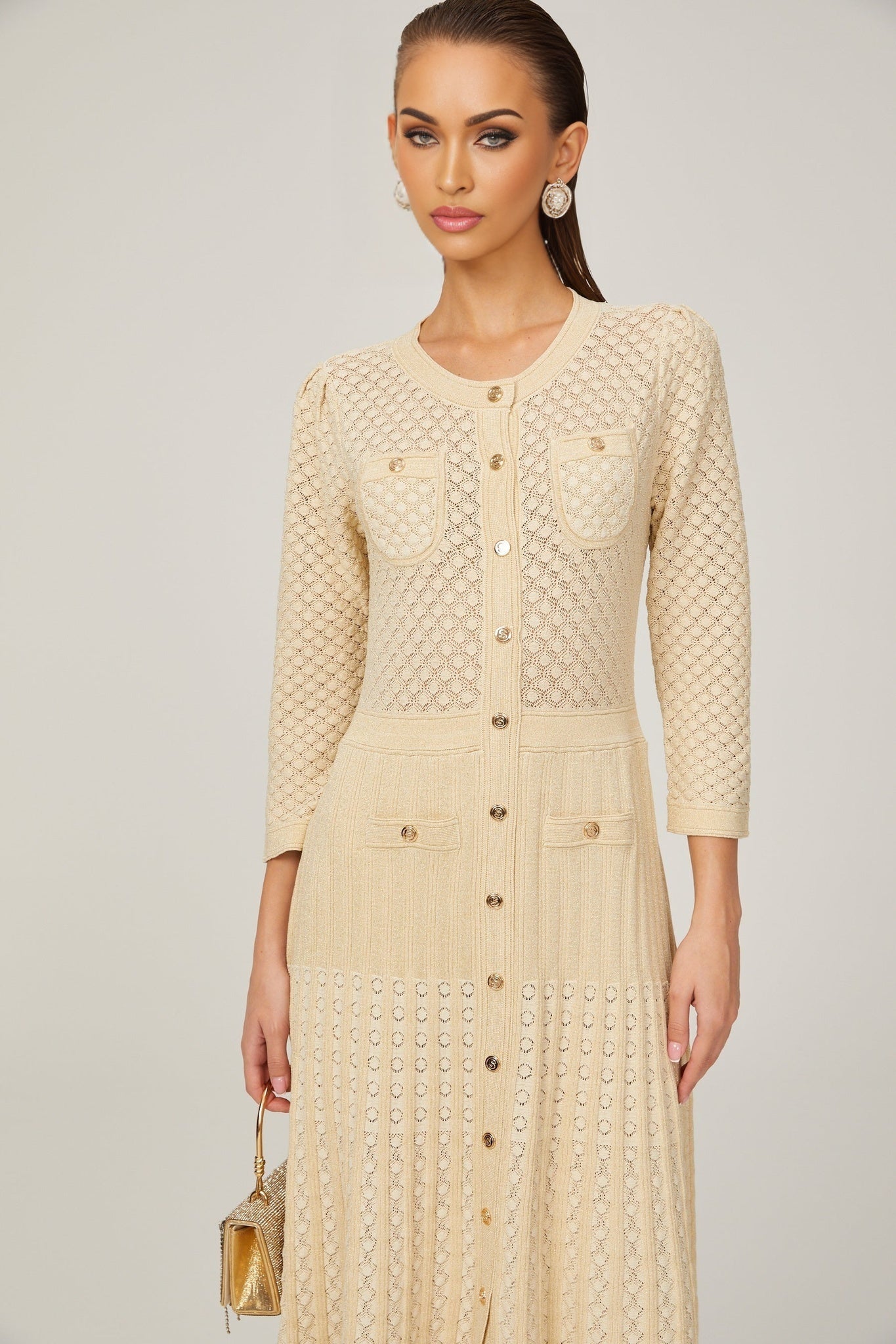 Ashley Midi Dress – Three - Quarter Sleeves – Stretch Jersey – Front Button Fastening