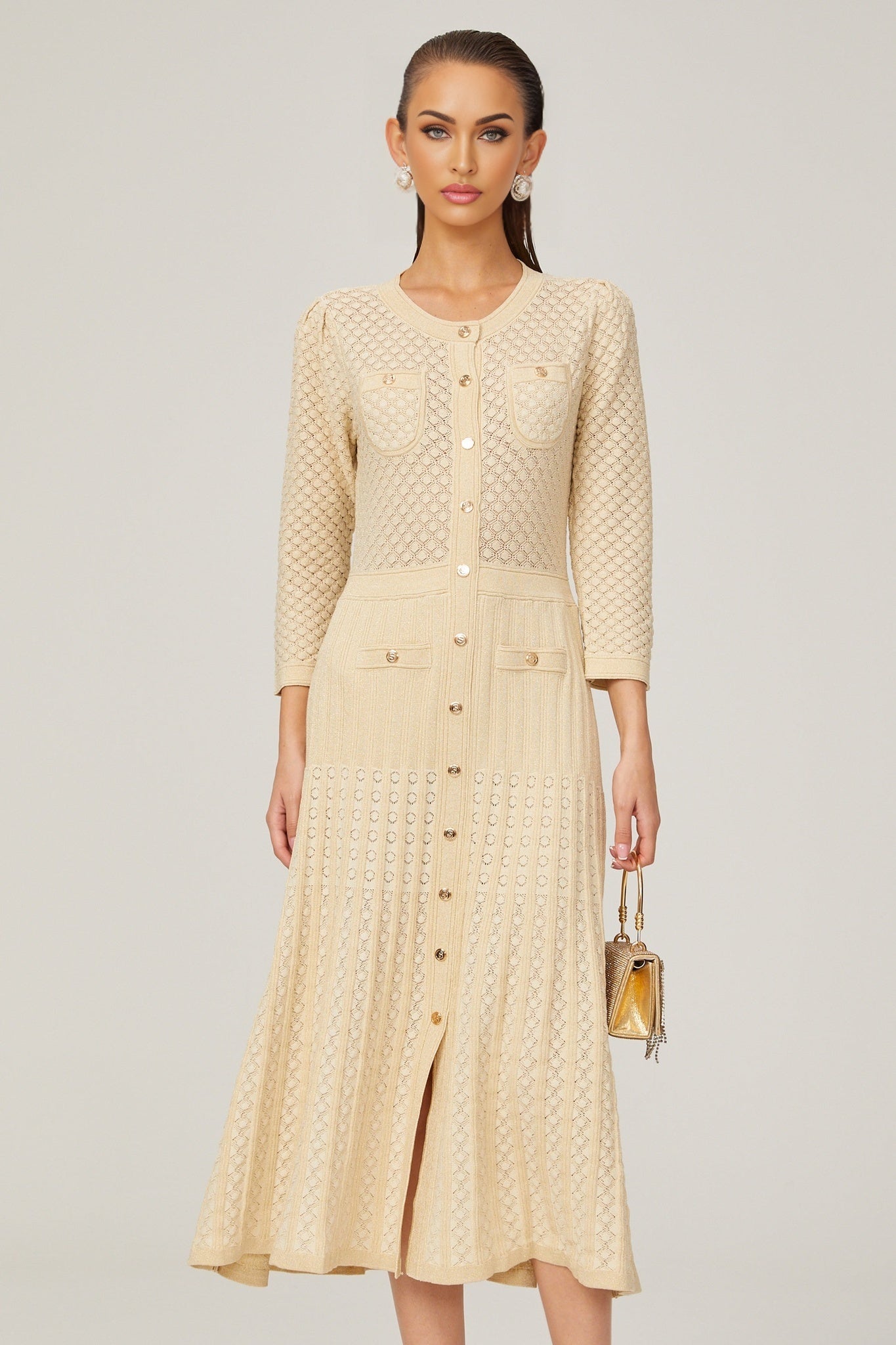 Ashley Midi Dress – Three - Quarter Sleeves – Stretch Jersey – Front Button Fastening