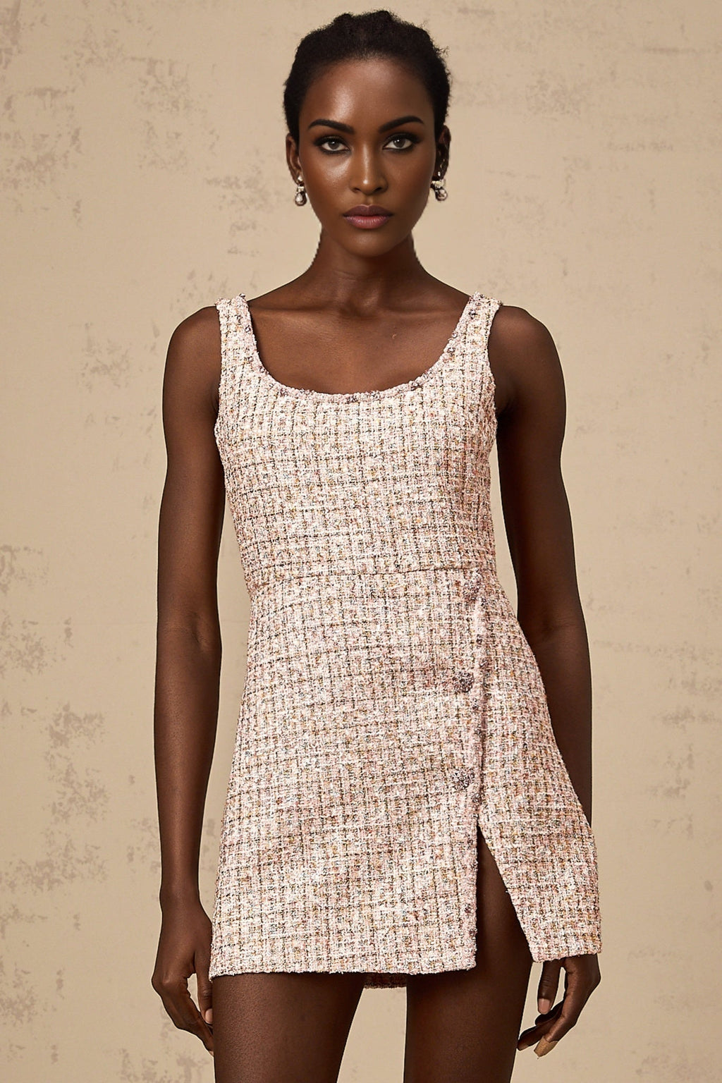 Ashley Mini Dress - Crystal Embellished - Cinched Waist - Square Neck - Side Slit