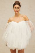 Ashley Mini Dress - Tulle Strapless Bubble Skirt Off - the - Shoulder Puff Sleeves