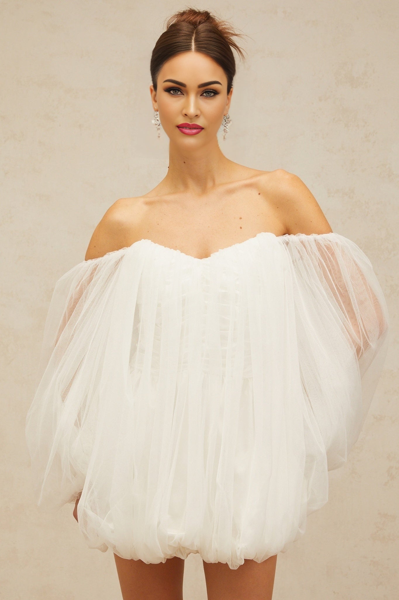 Ashley Mini Dress - Tulle Strapless Bubble Skirt Off - the - Shoulder Puff Sleeves