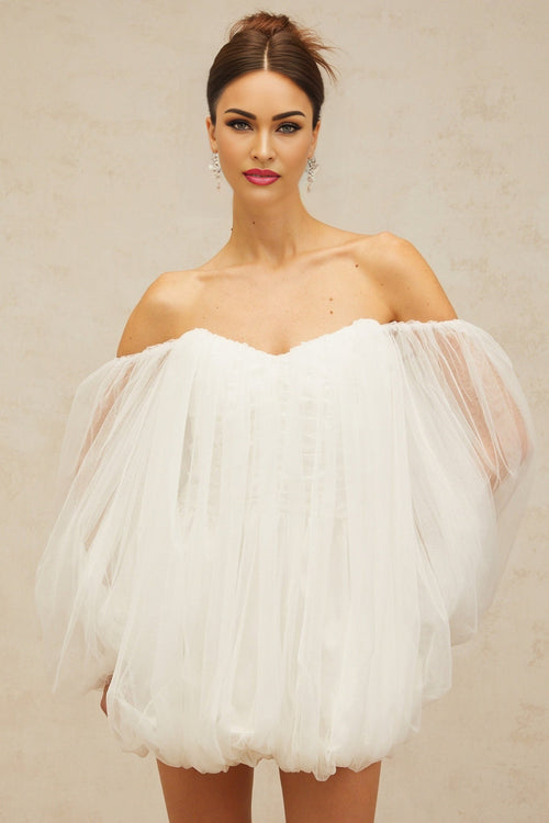 Ashley Mini Dress - Tulle Strapless Bubble Skirt Off - the - Shoulder Puff Sleeves